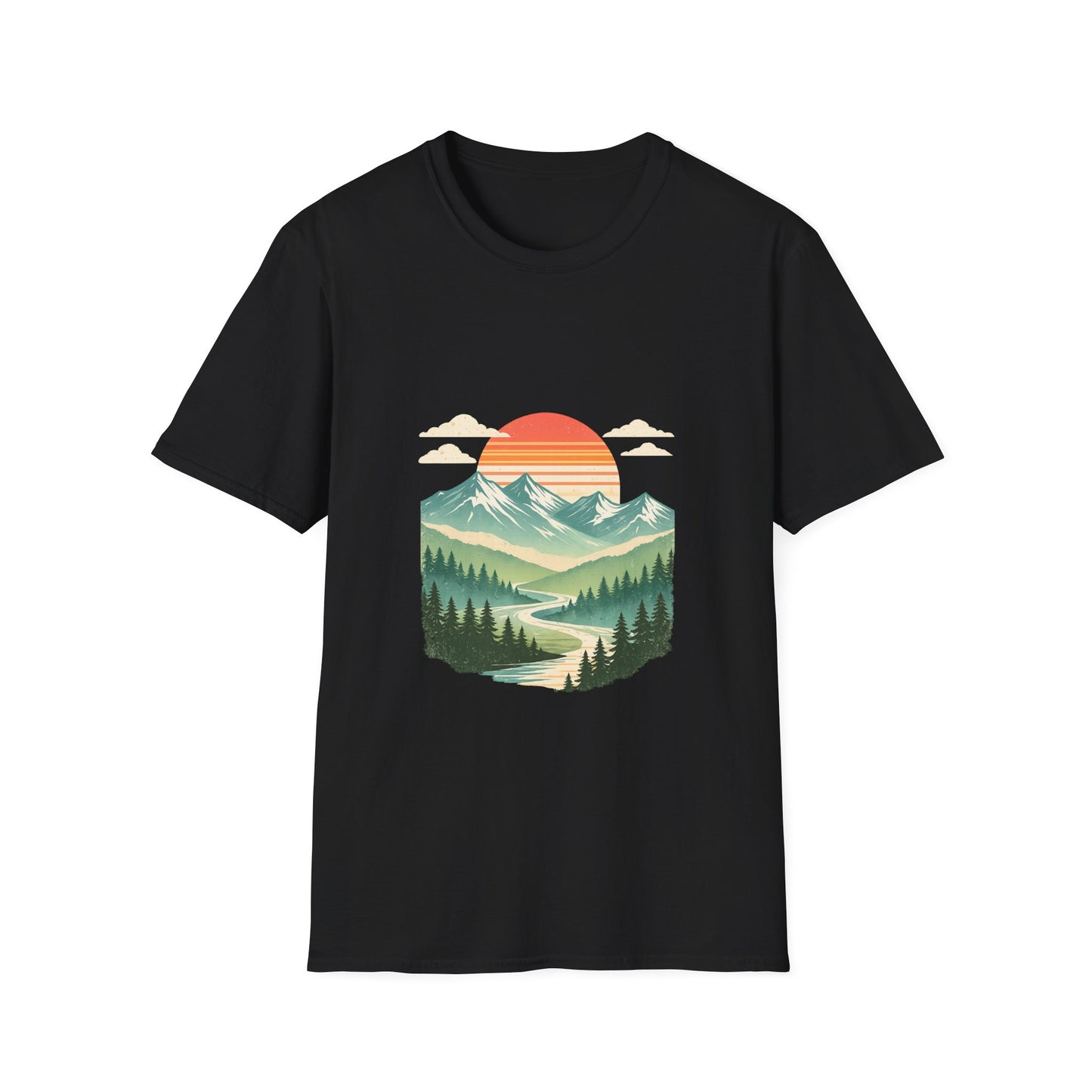 Retro Mountain Sunset Tee Front Print – Vintage Landscape Graphic | Heritage Vintage Collection