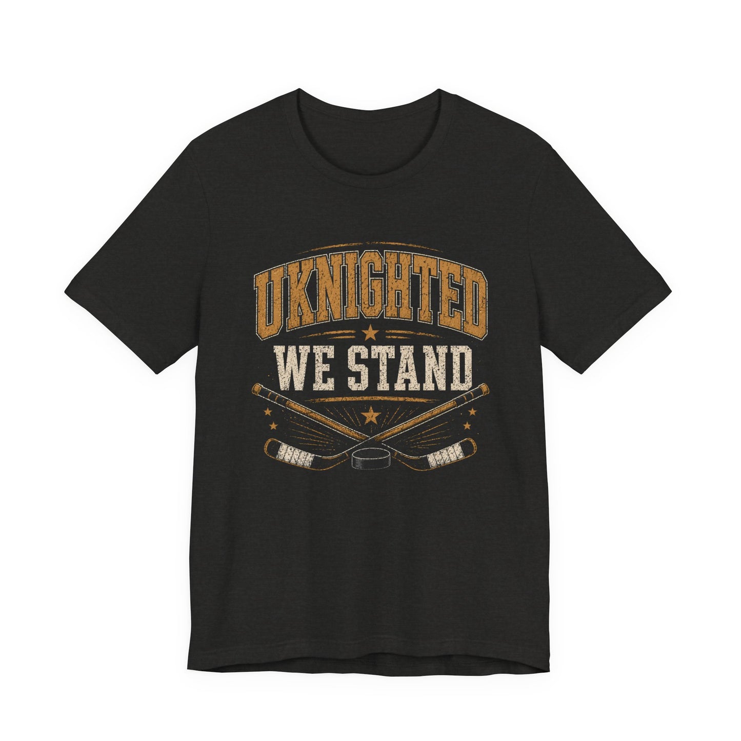 Black t-shirt with 'UKNIGHTED WE STAND' text and crossed hockey sticks on a white background