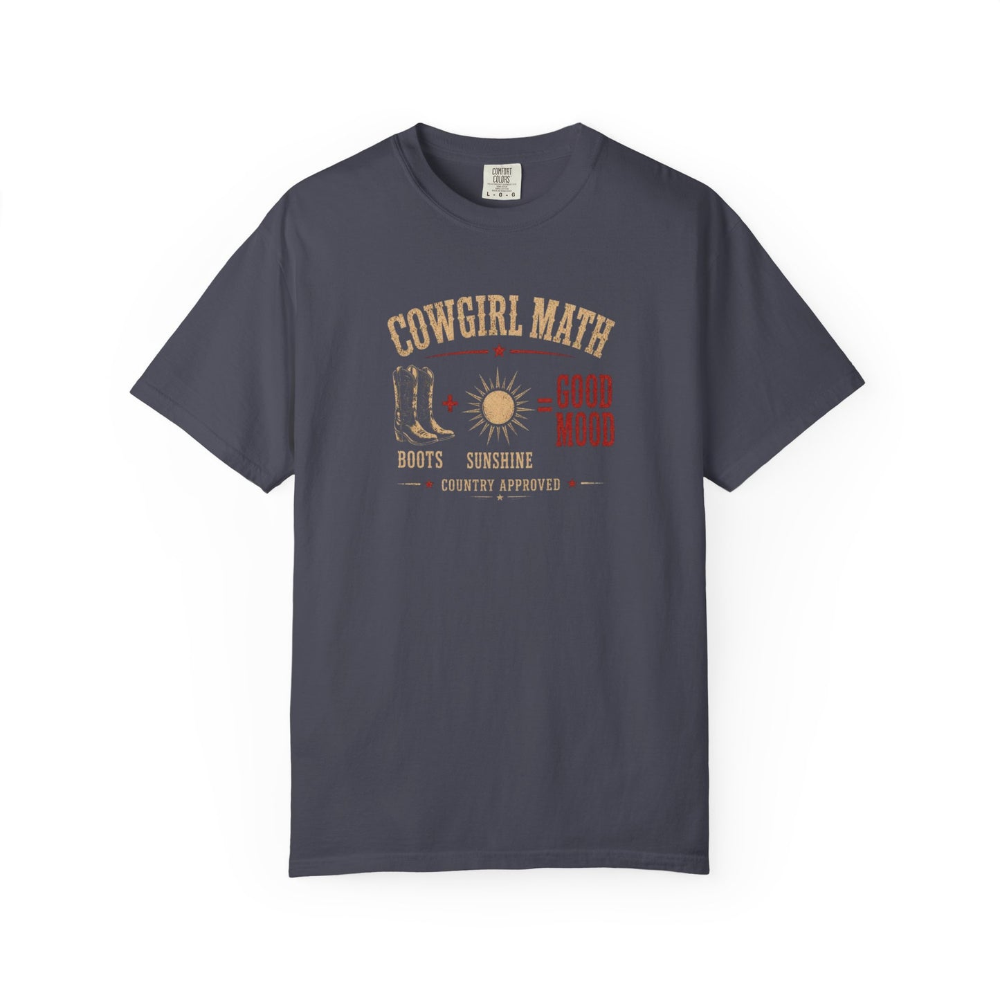 Cowgirl Math graphic tee with boots and sunshine western design in navy
