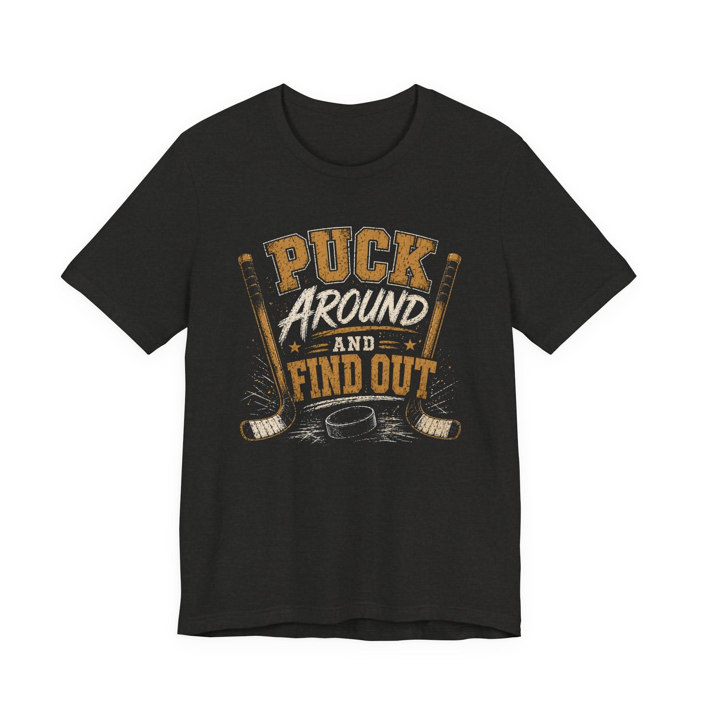 Puck Around and Find Out shirt funny hockey graphic tee in heather black