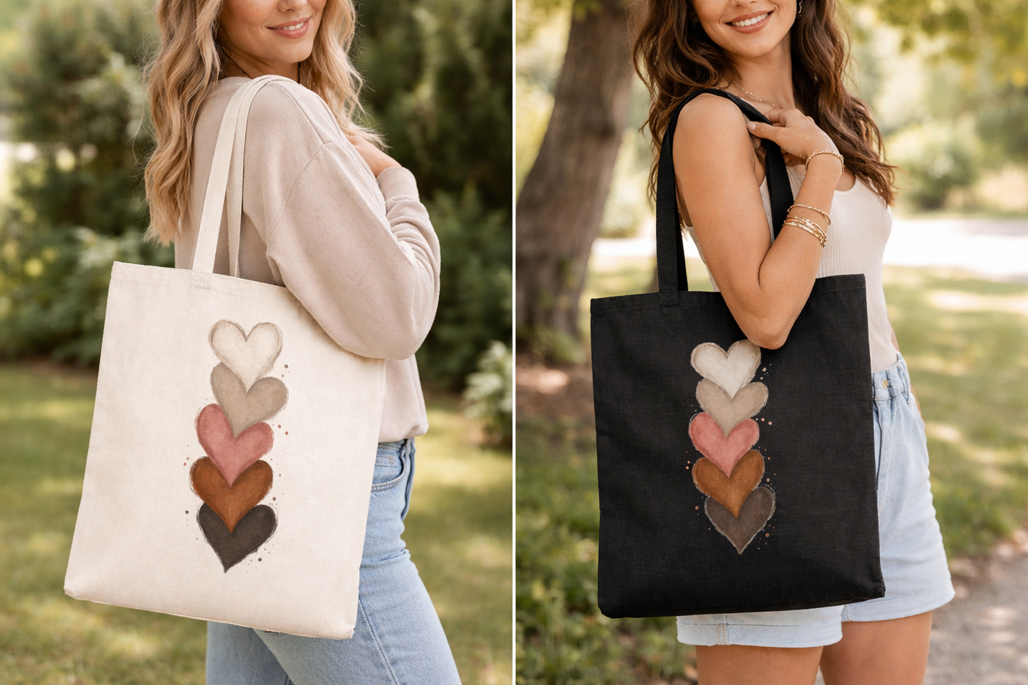Neutral Heart Stack Tote Bag | Canvas Market Bag, Earth Tone Hearts