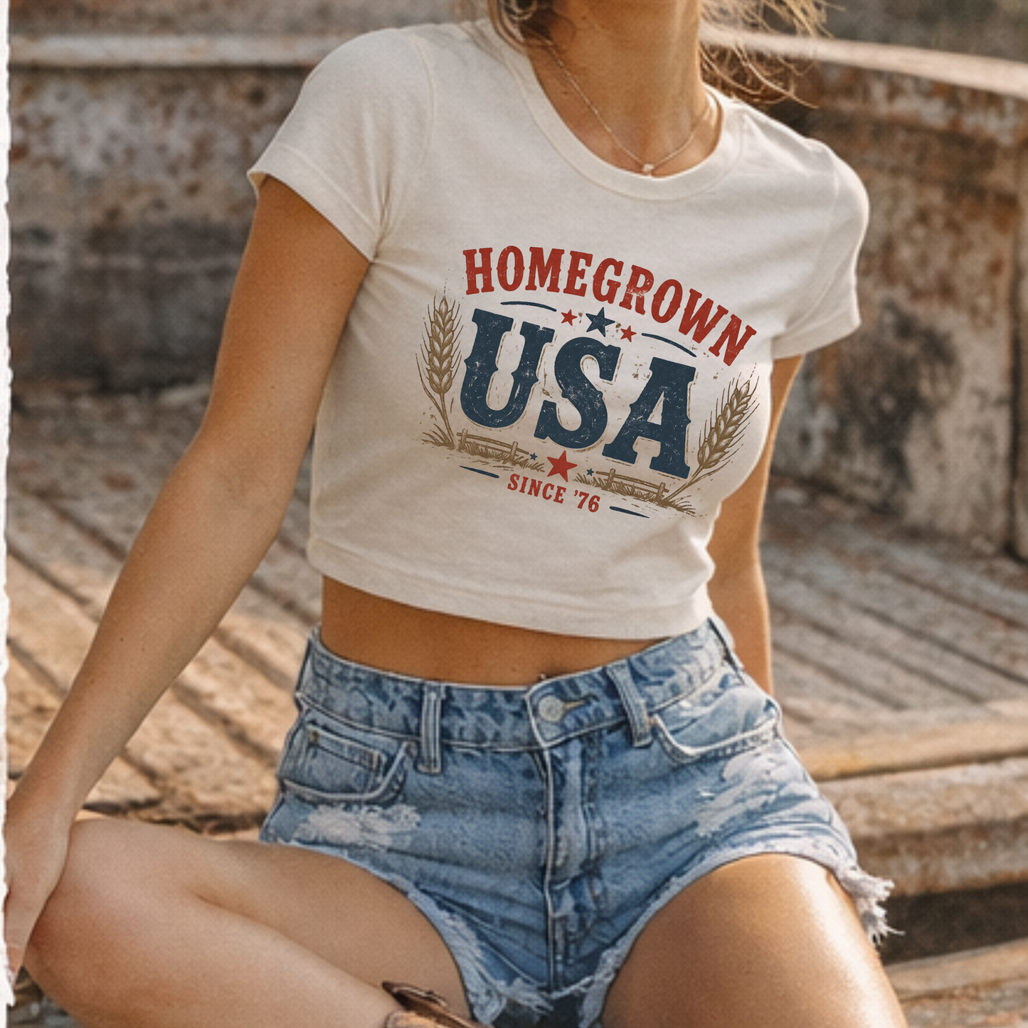 Homegrown USA Cropped Tee • Americana Graphic Baby Tee • Patriotic Summer Shirt for Women