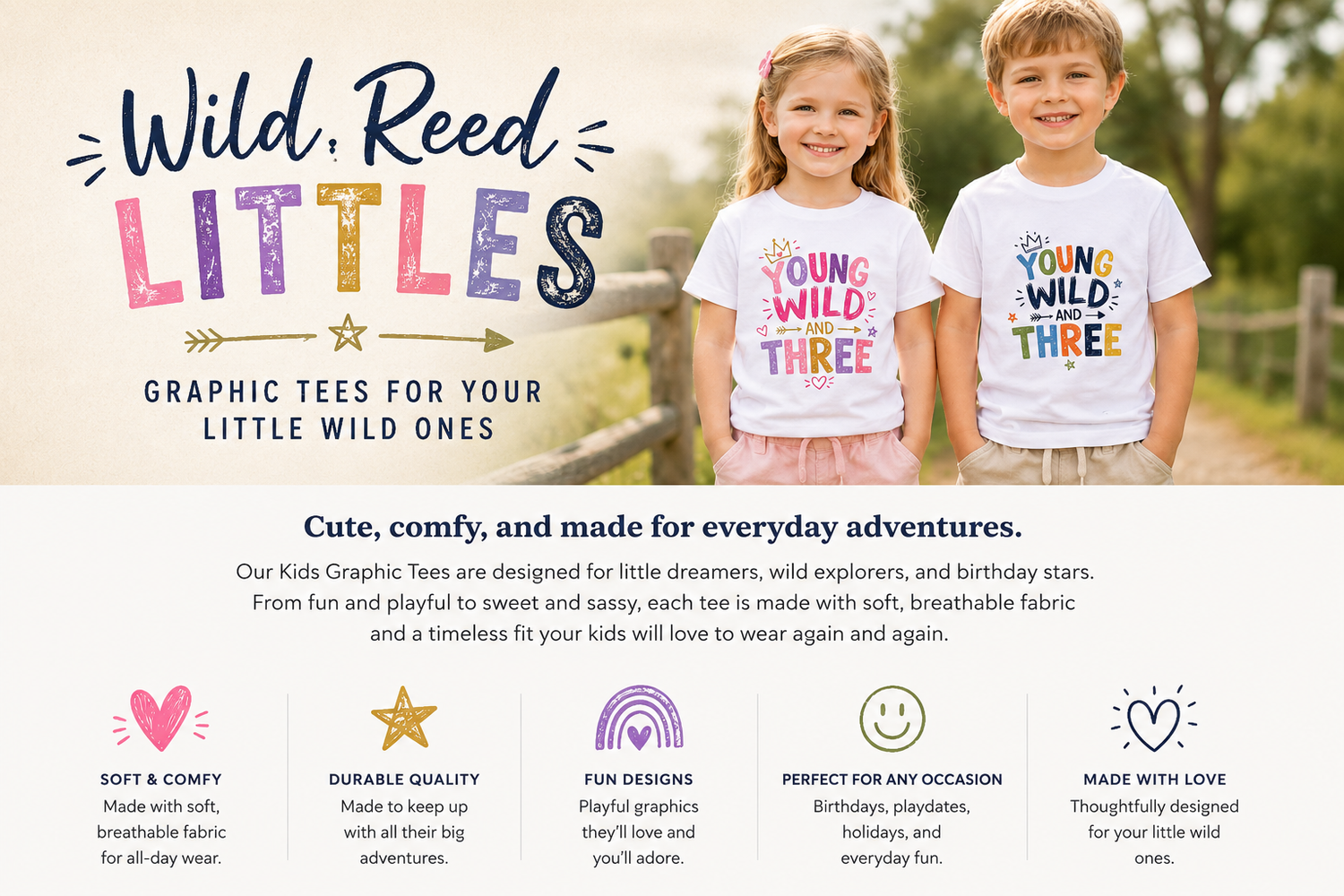 Kids graphic tees collection featuring playful boutique-style toddler and youth shirts for birthdays and everyday wear
