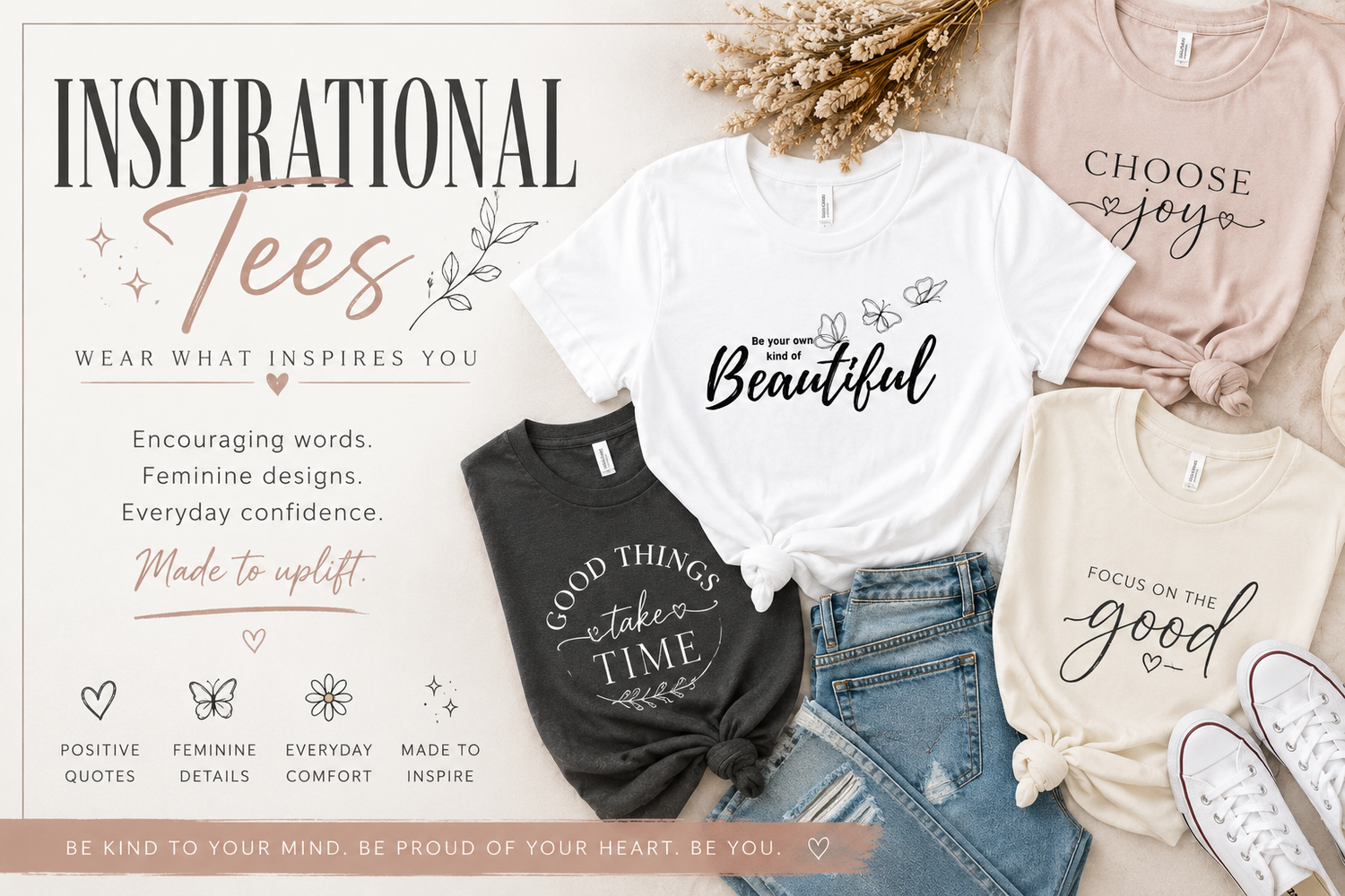 Inspirational graphic tees with uplifting quotes and feminine minimalist boutique style apparel for everyday wear