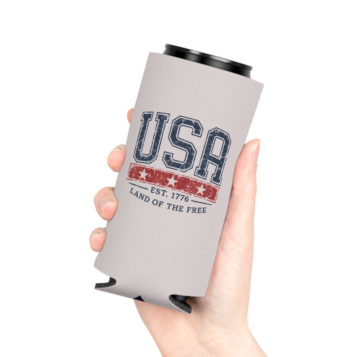 Vintage USA Patriotic Can Cooler Sleeve – Est. 1776 Americana Drink Koozie