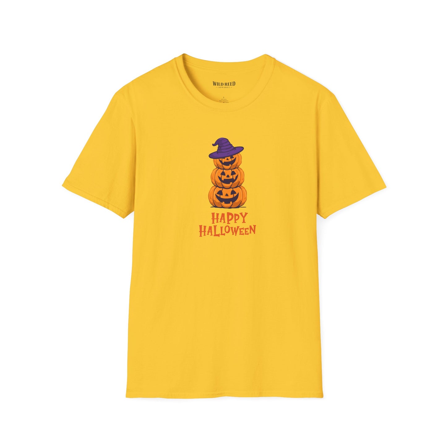 A yellow short-sleeve crewneck t-shirt featuring a graphic of three stacked jack-o'-lanterns wearing a purple witch hat with 'HAPPY HALLOWEEN' printed below in orange, on a solid white background.