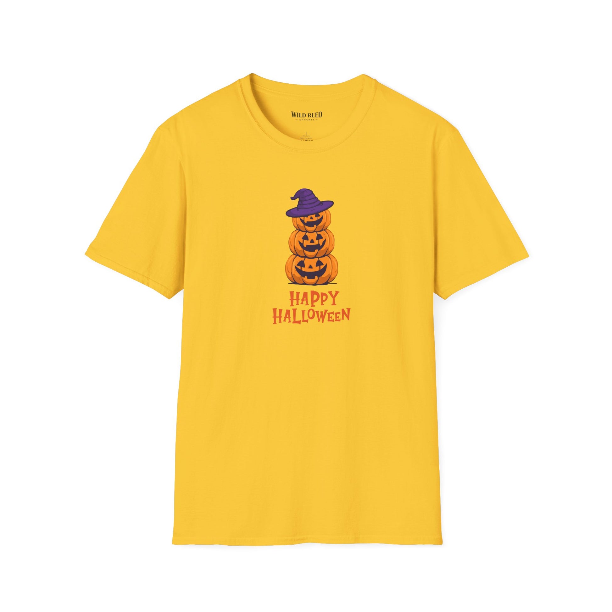 A yellow short-sleeve crewneck t-shirt featuring a graphic of three stacked jack-o'-lanterns wearing a purple witch hat with 'HAPPY HALLOWEEN' printed below in orange, on a solid white background.