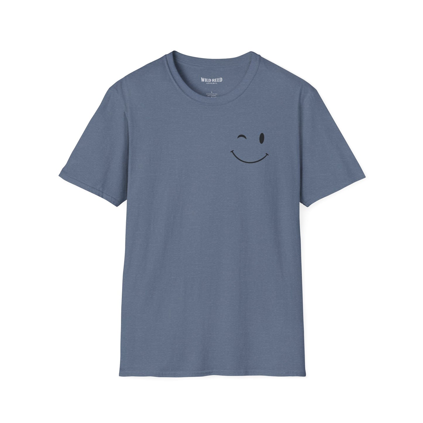 blue graphic T-shirt with a small winking smiley face on the front and Have the kind of day you deserve printed on the back.