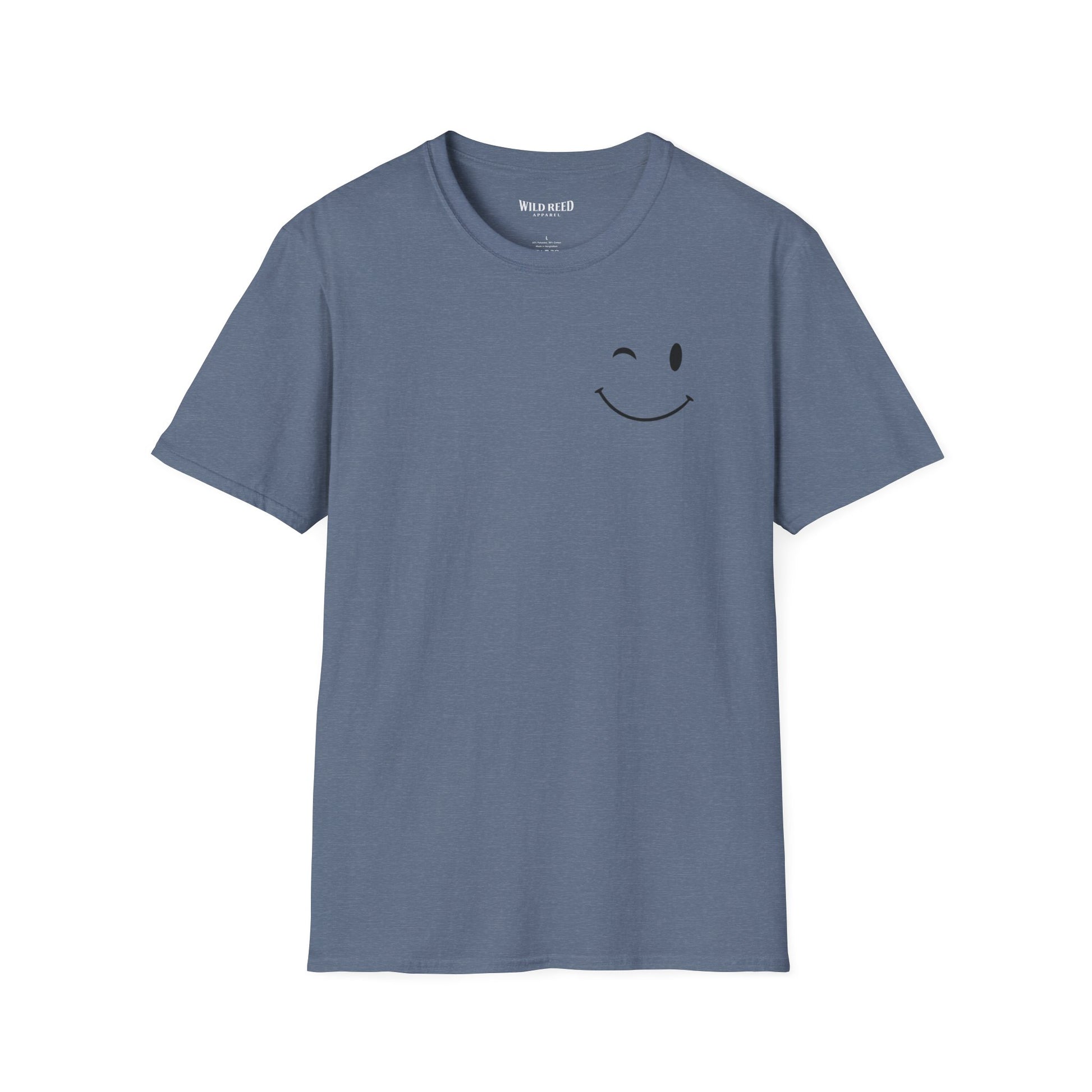 blue graphic T-shirt with a small winking smiley face on the front and Have the kind of day you deserve printed on the back.
