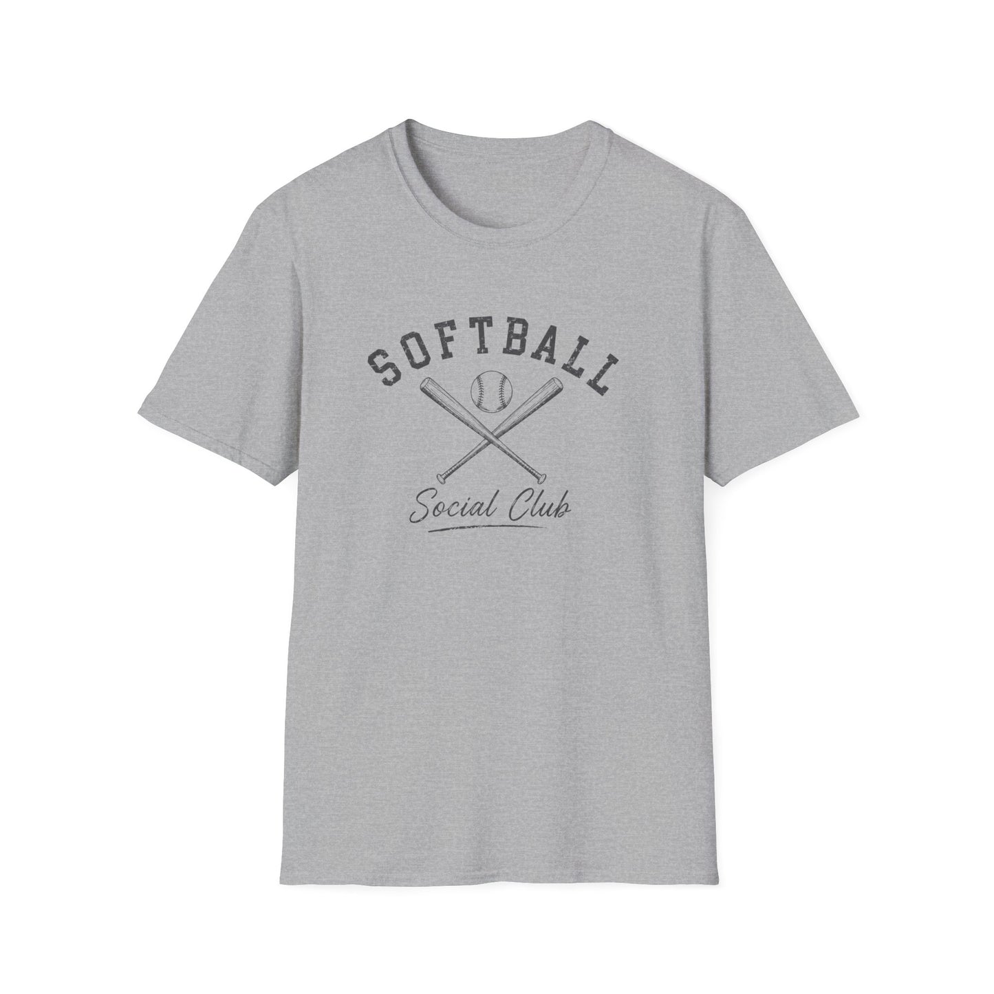 Vintage softball social club graphic tee with distressed dark gray softball design on athletic heather shirt