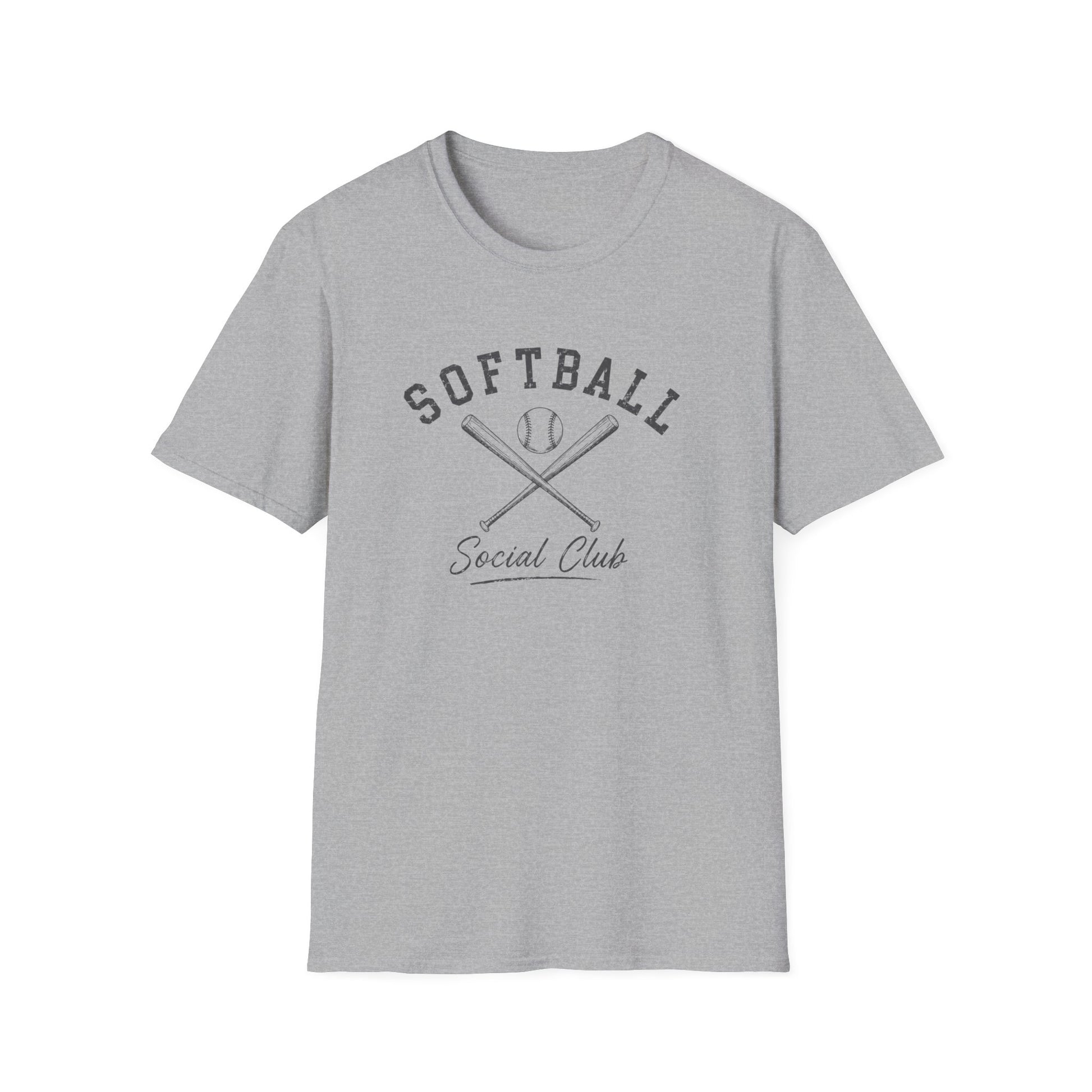 Vintage softball social club graphic tee with distressed dark gray softball design on athletic heather shirt