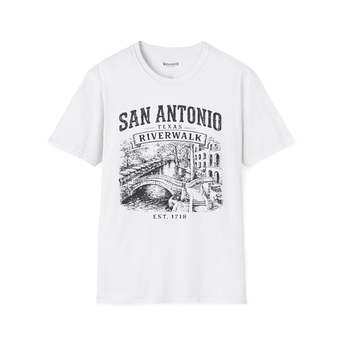 A white short-sleeve crewneck t-shirt featuring a black graphic print of San Antonio's Riverwalk with a bridge and the text 'SAN ANTONIO TEXAS RIVERWALK EST. 1718'.
