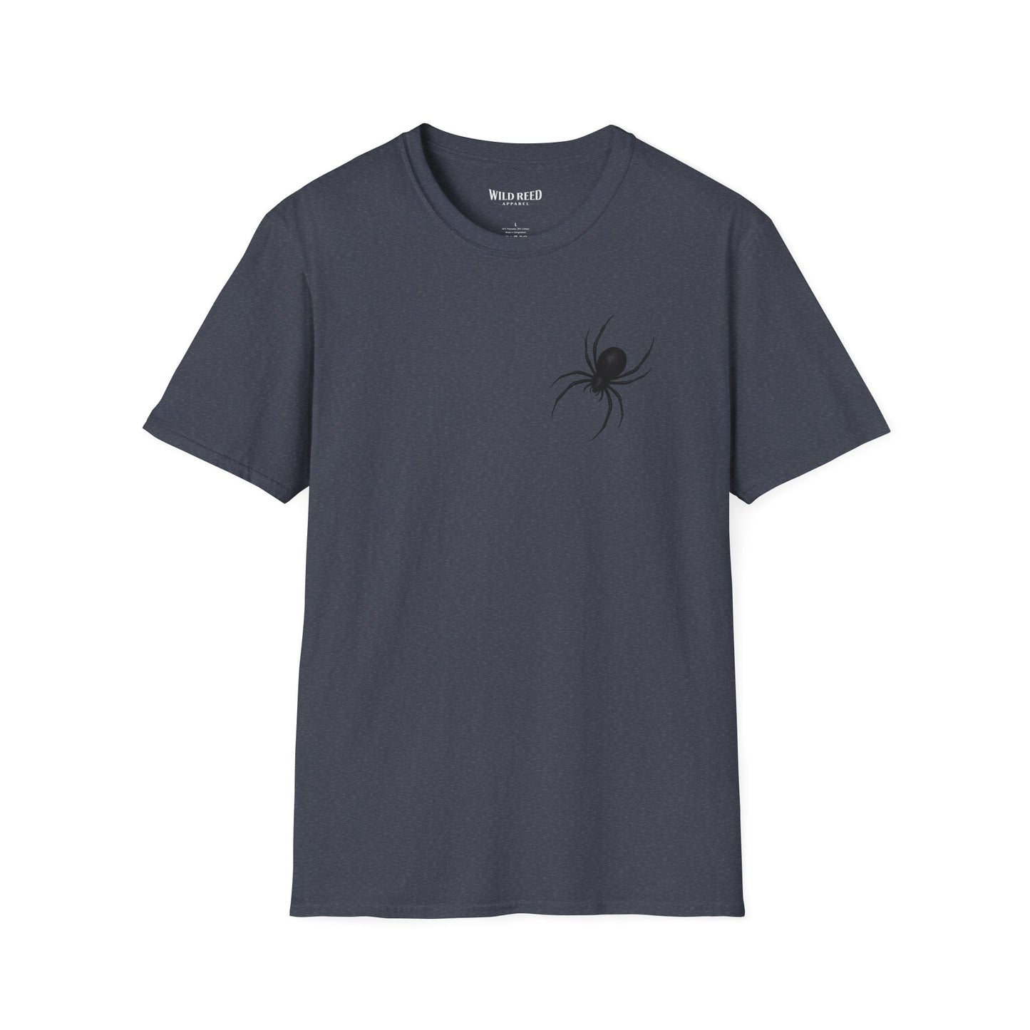 Black Spider graphic blue heather tee with a subtle black spider chest print