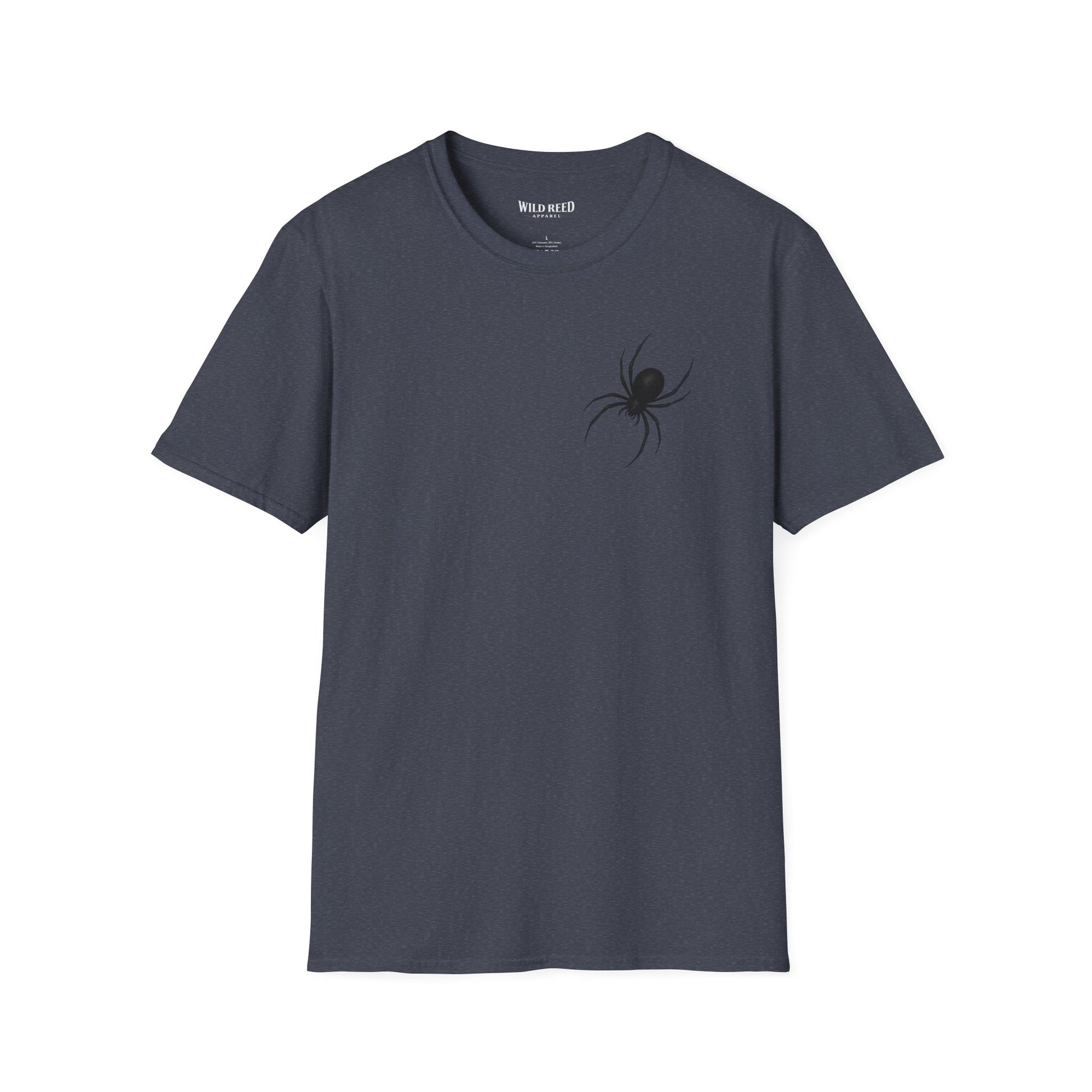Black Spider graphic blue heather tee with a subtle black spider chest print
