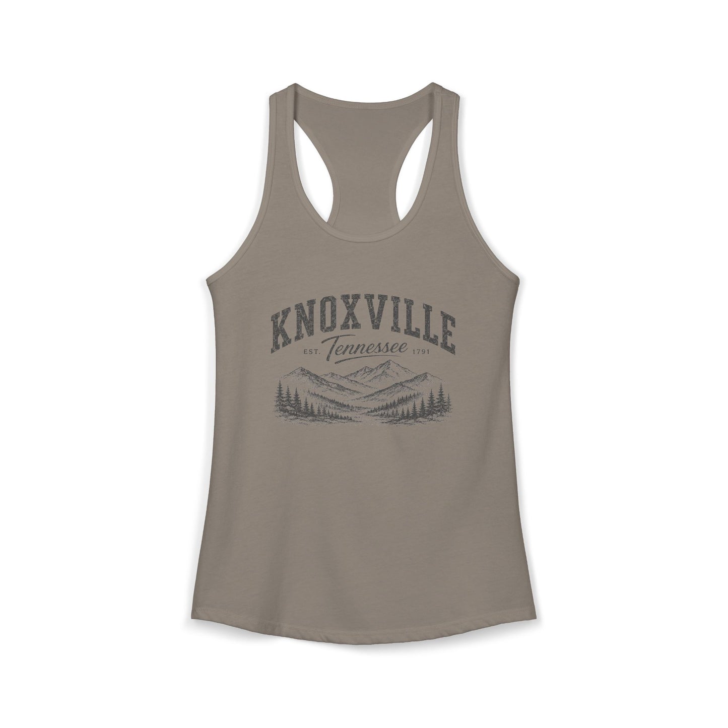 Dark Gray racerback tank top with 'Knoxville, Tennessee' graphic on a white background