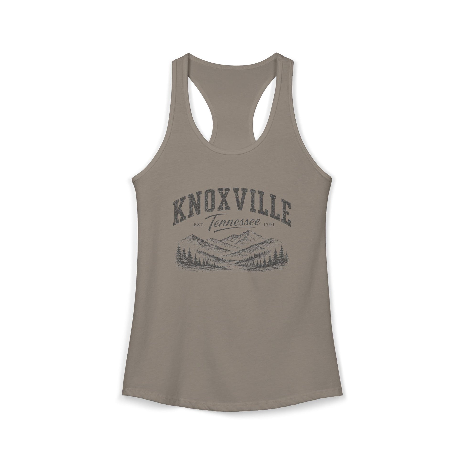 Dark Gray racerback tank top with 'Knoxville, Tennessee' graphic on a white background