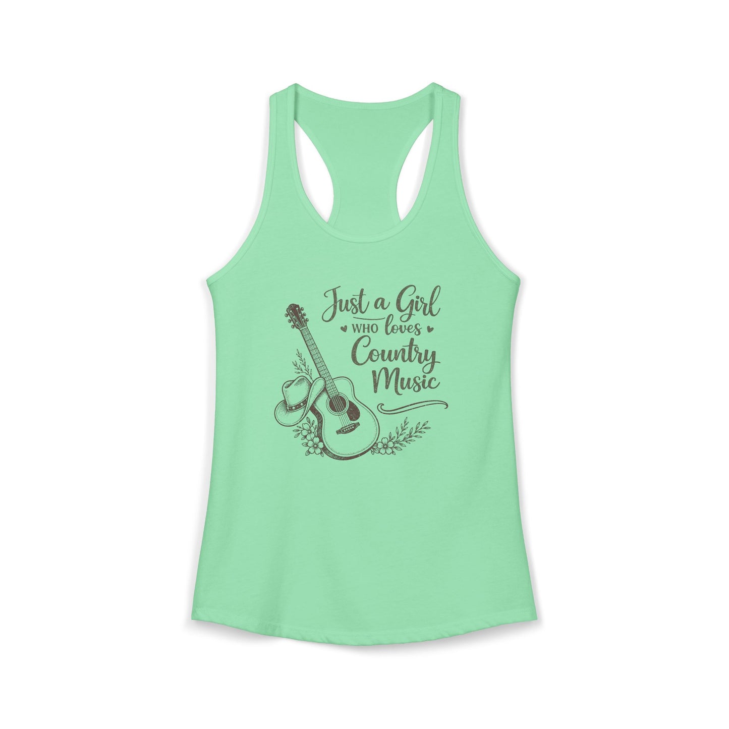 Mint green racerback tank top with vintage Just a Girl Who Loves Country Music western guitar graphic 