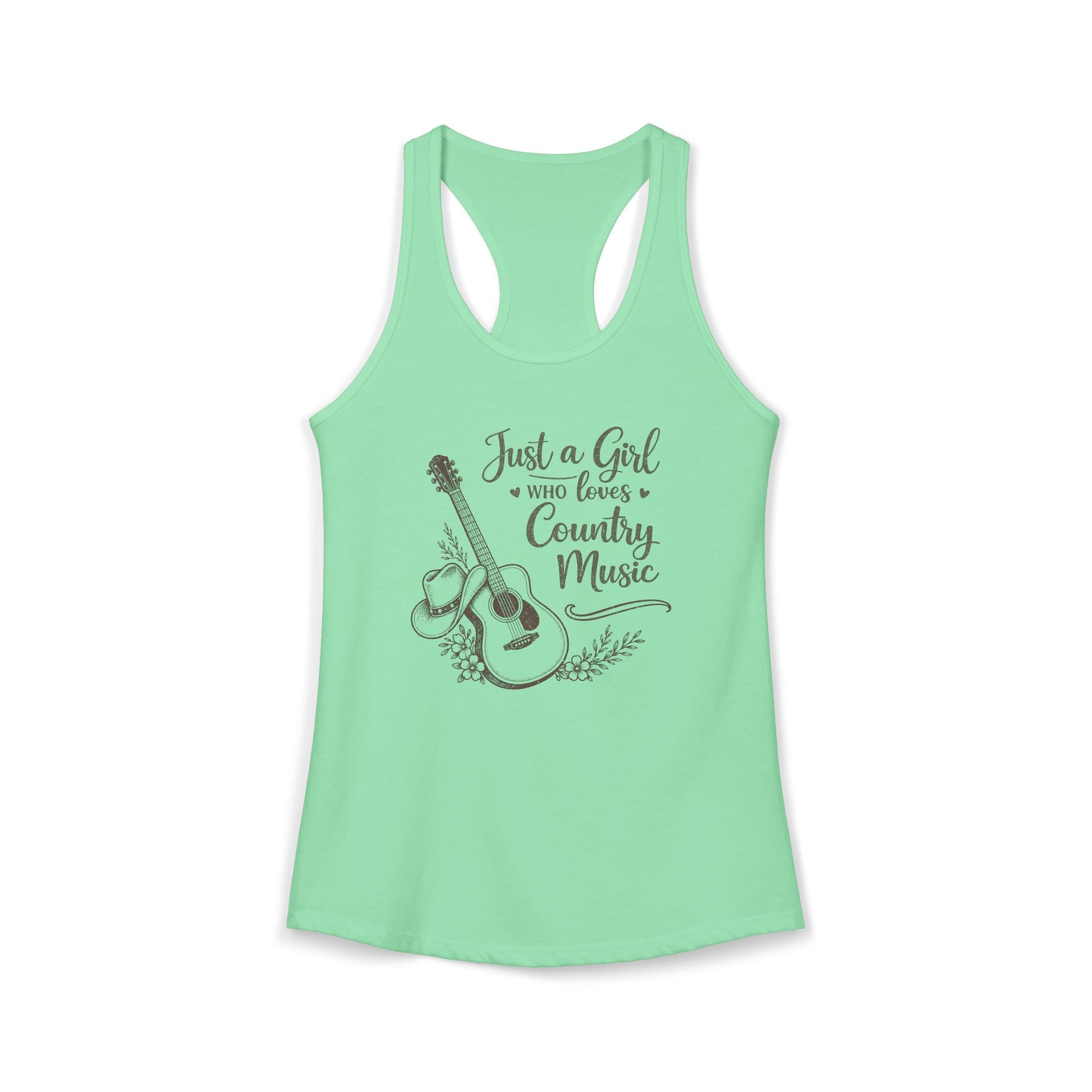 Mint green racerback tank top with vintage Just a Girl Who Loves Country Music western guitar graphic 