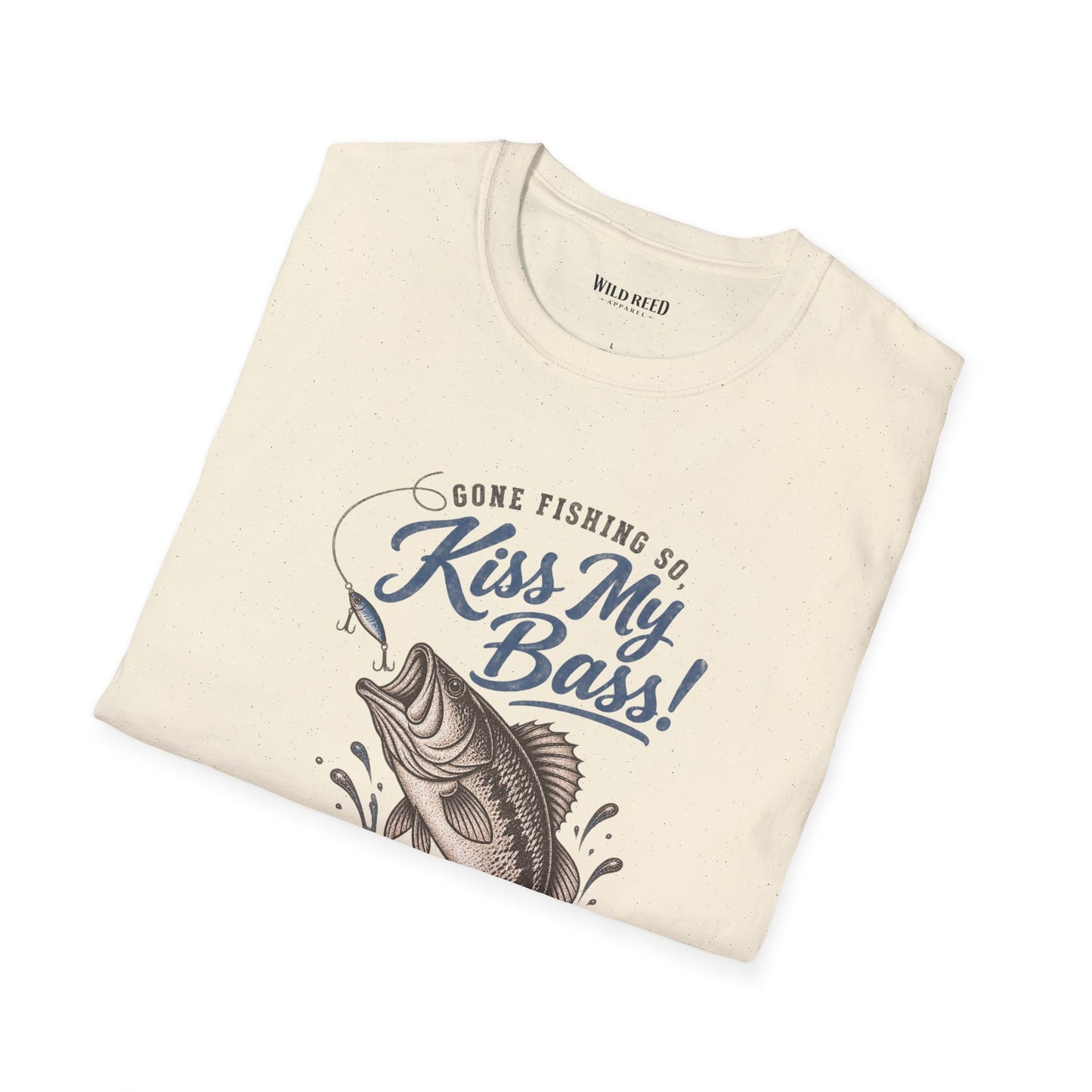 a folded natural graphic t-shirt with a blue and brown fish design and the text 'Gone Fishing So, Kiss My Bass! I'm O'Fishally Retired