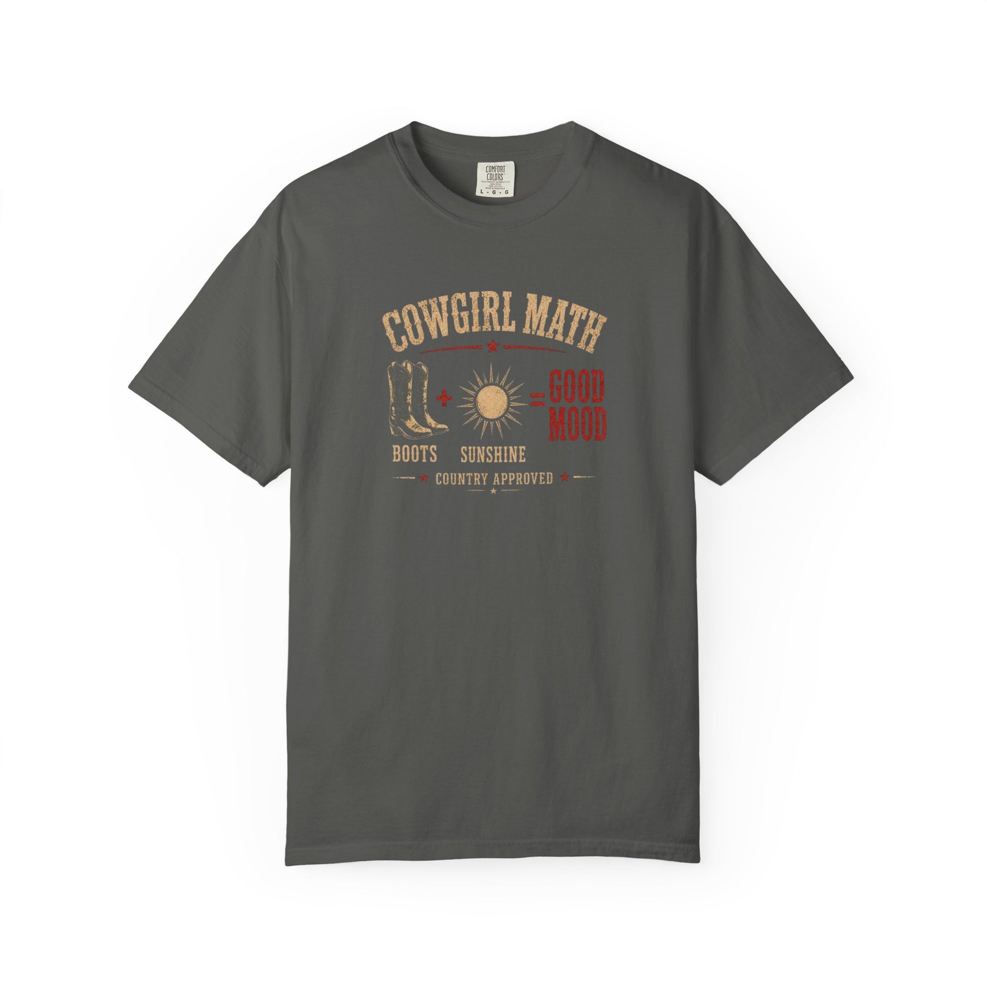 Cowgirl Math graphic tee with boots and sunshine western design in pepper