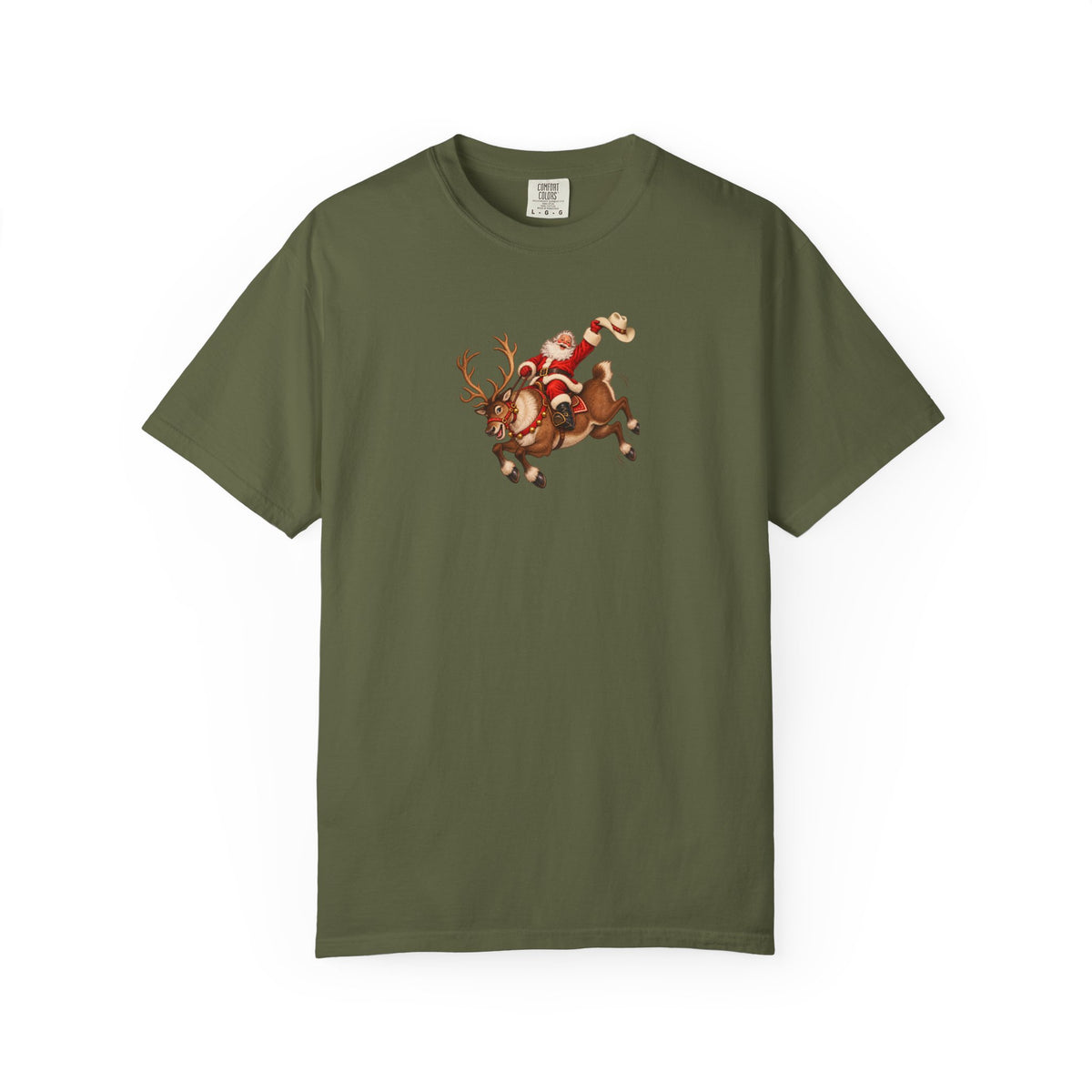 Santa Riding a Bucking Reindeer Graphic Tee | Western Christmas Shirt