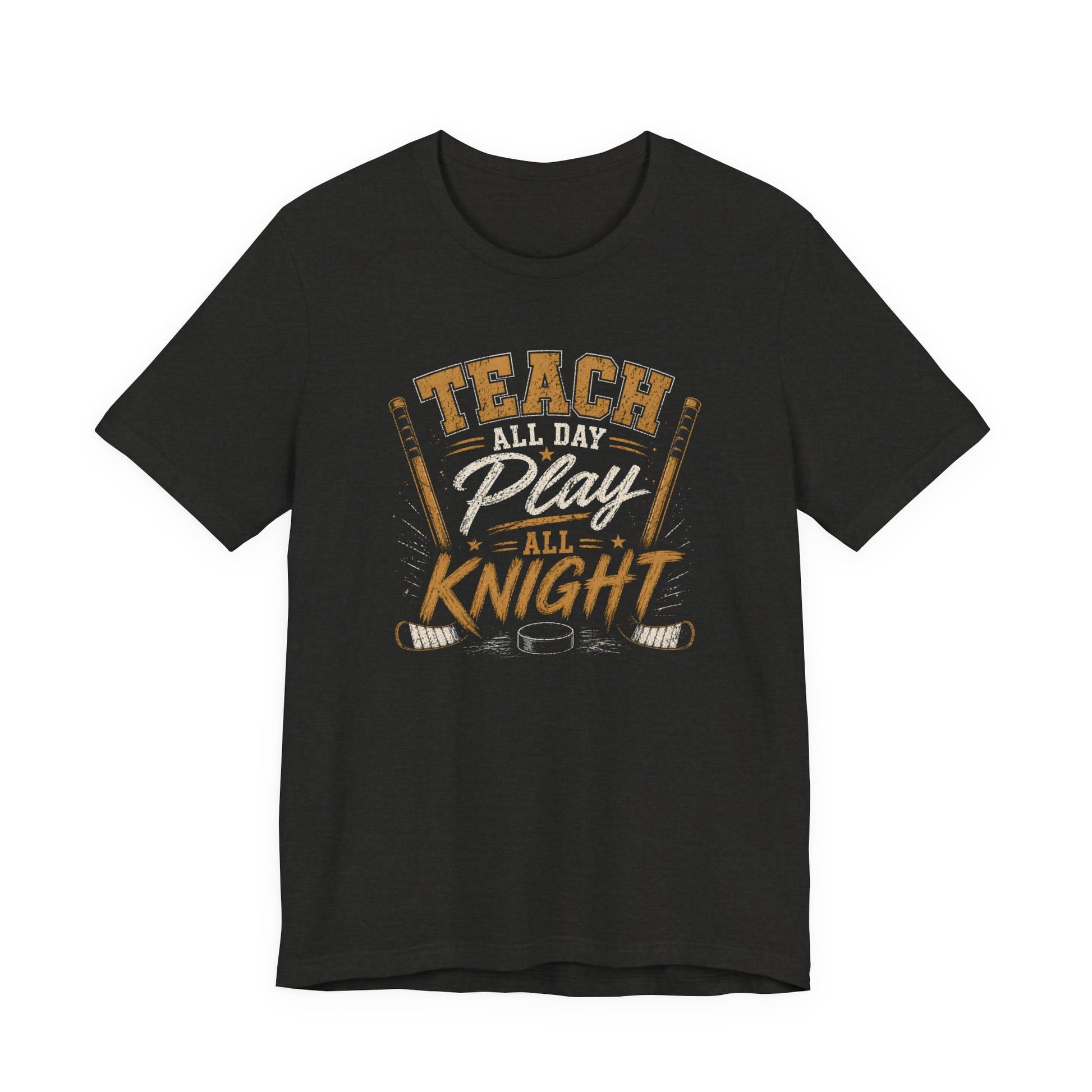 Teach All Day Play All Knight shirt teacher hockey graphic tee in black heather