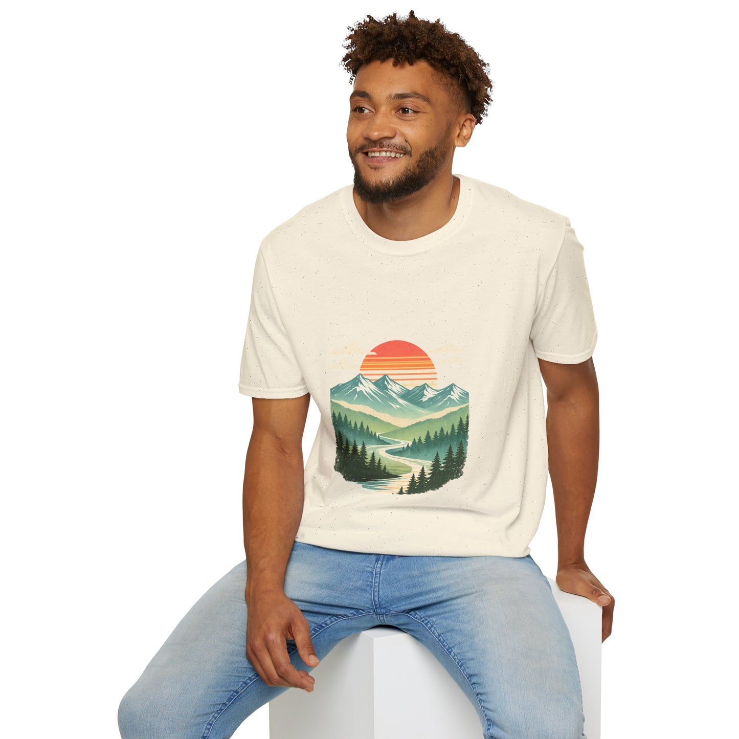Retro Mountain Sunset Tee Front Print – Vintage Landscape Graphic | Heritage Vintage Collection