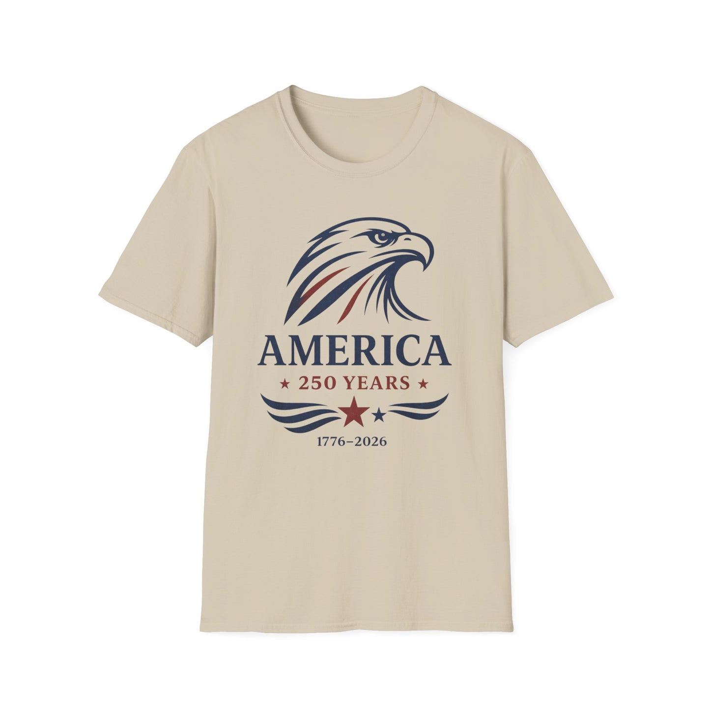Vintage America 250 eagle graphic printed on a patriotic sand unisex t-shirt featuring a 1776-2026 commemorative design.