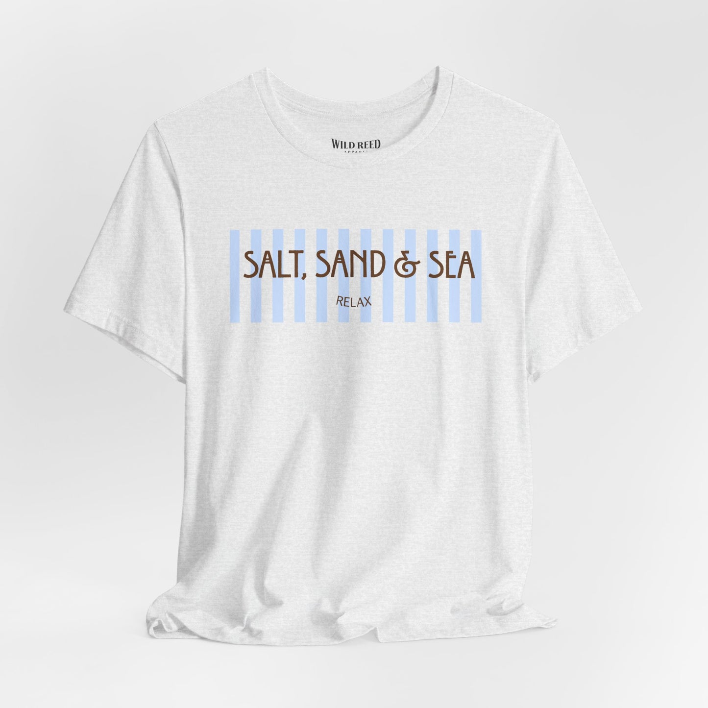 White Salt, Sand & Sea beach graphic tee featuring light blue stripes and brown vintage-inspired lettering.