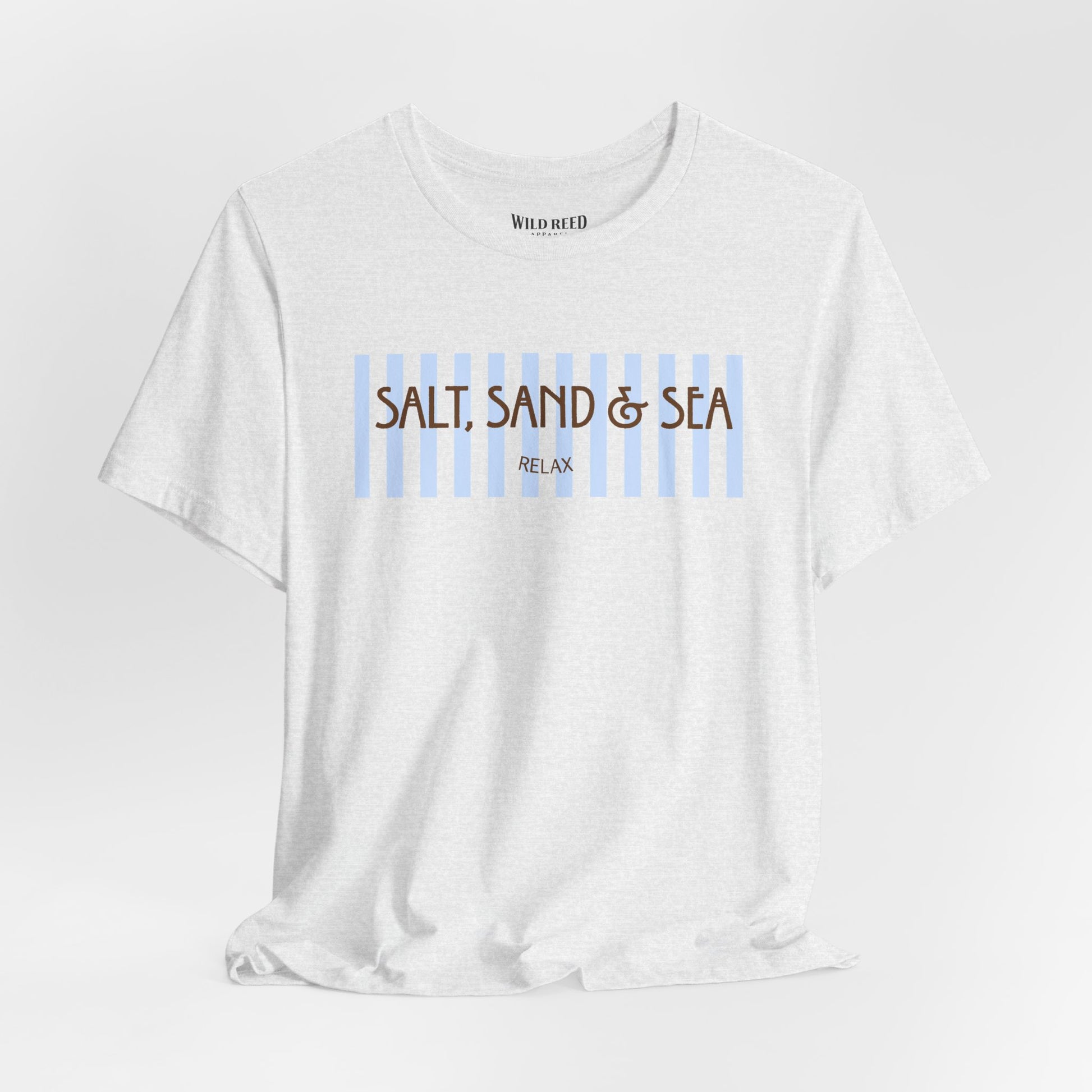 White Salt, Sand & Sea beach graphic tee featuring light blue stripes and brown vintage-inspired lettering.