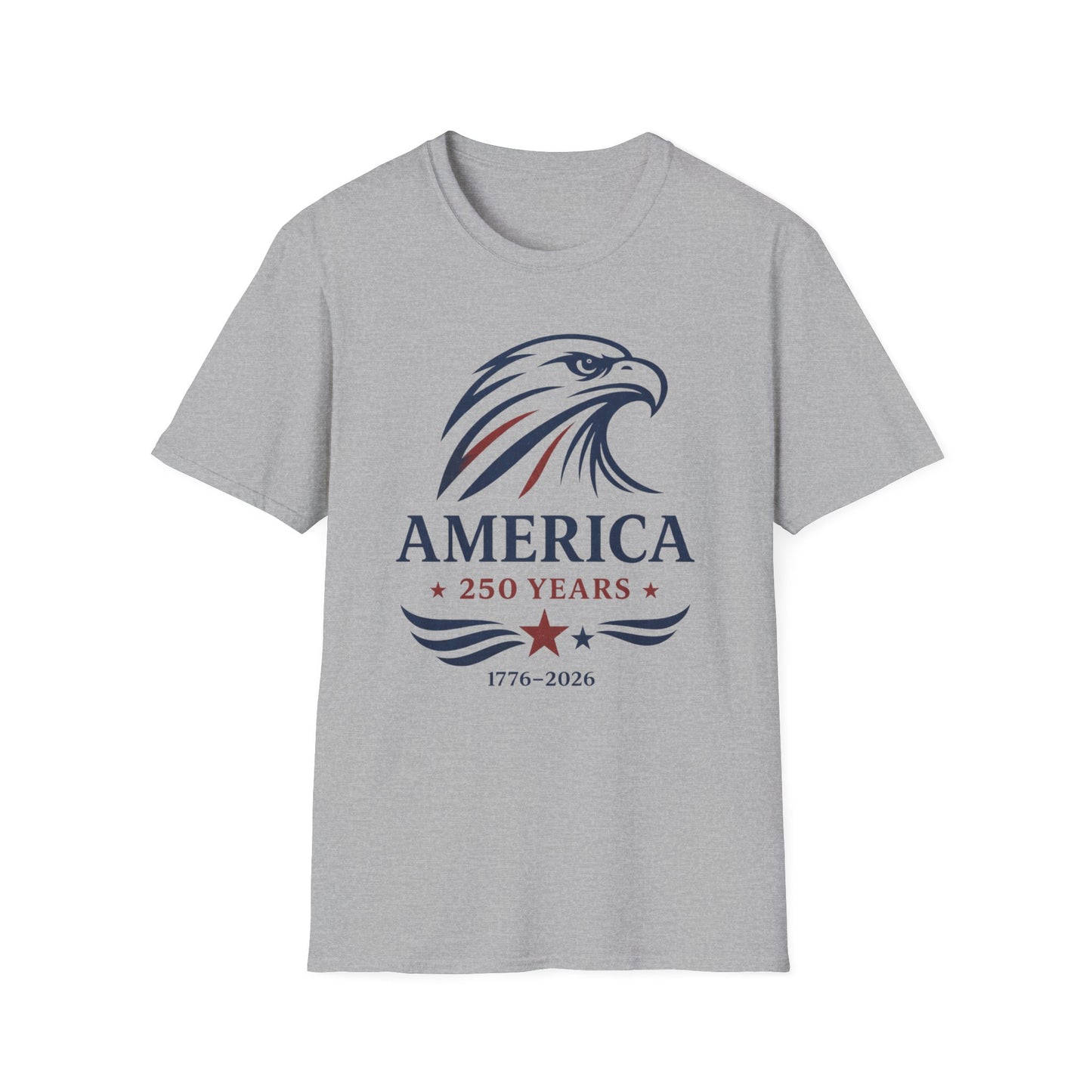 Vintage America 250 eagle graphic printed on a patriotic light gray unisex t-shirt featuring a 1776-2026 commemorative design.