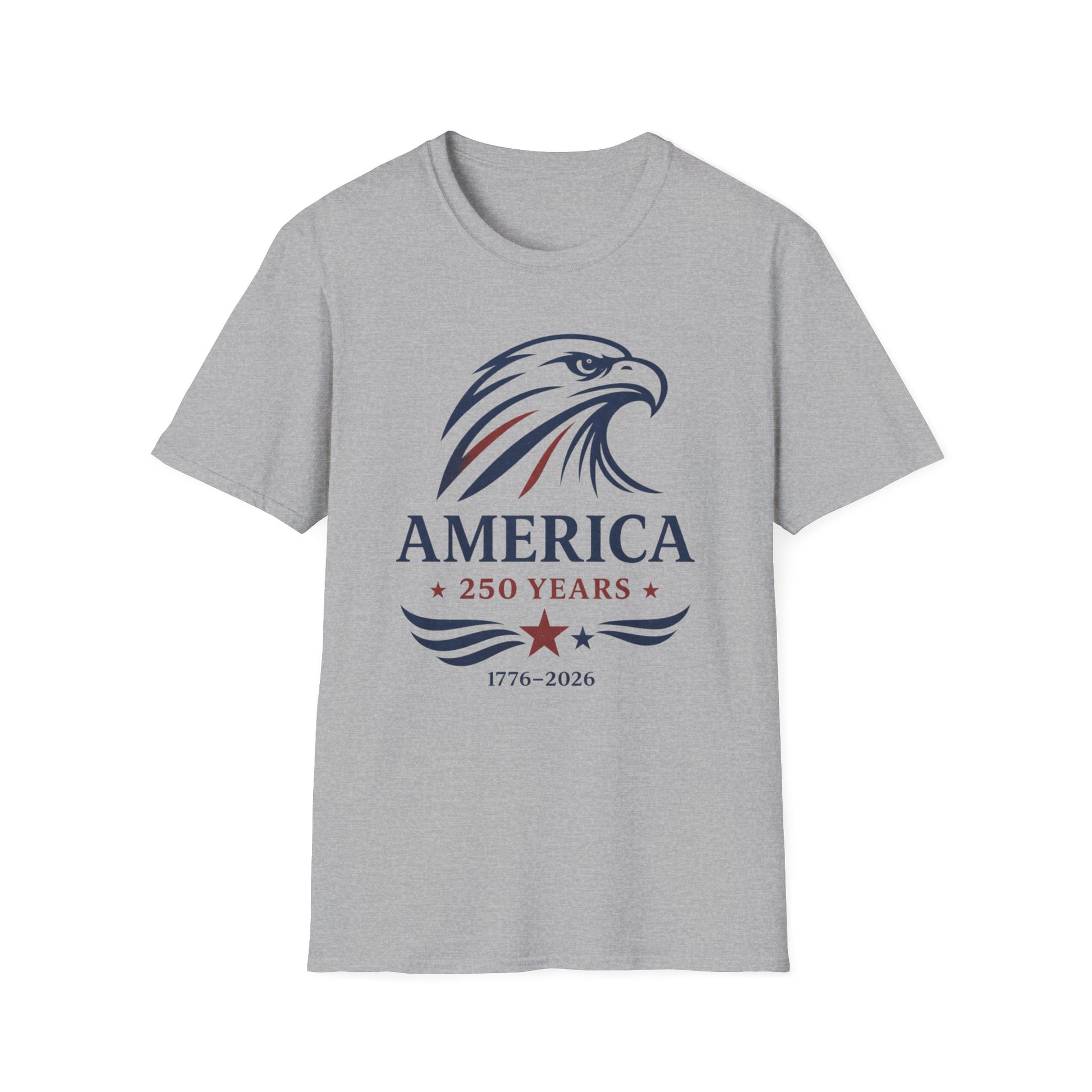 Vintage America 250 eagle graphic printed on a patriotic light gray unisex t-shirt featuring a 1776-2026 commemorative design.