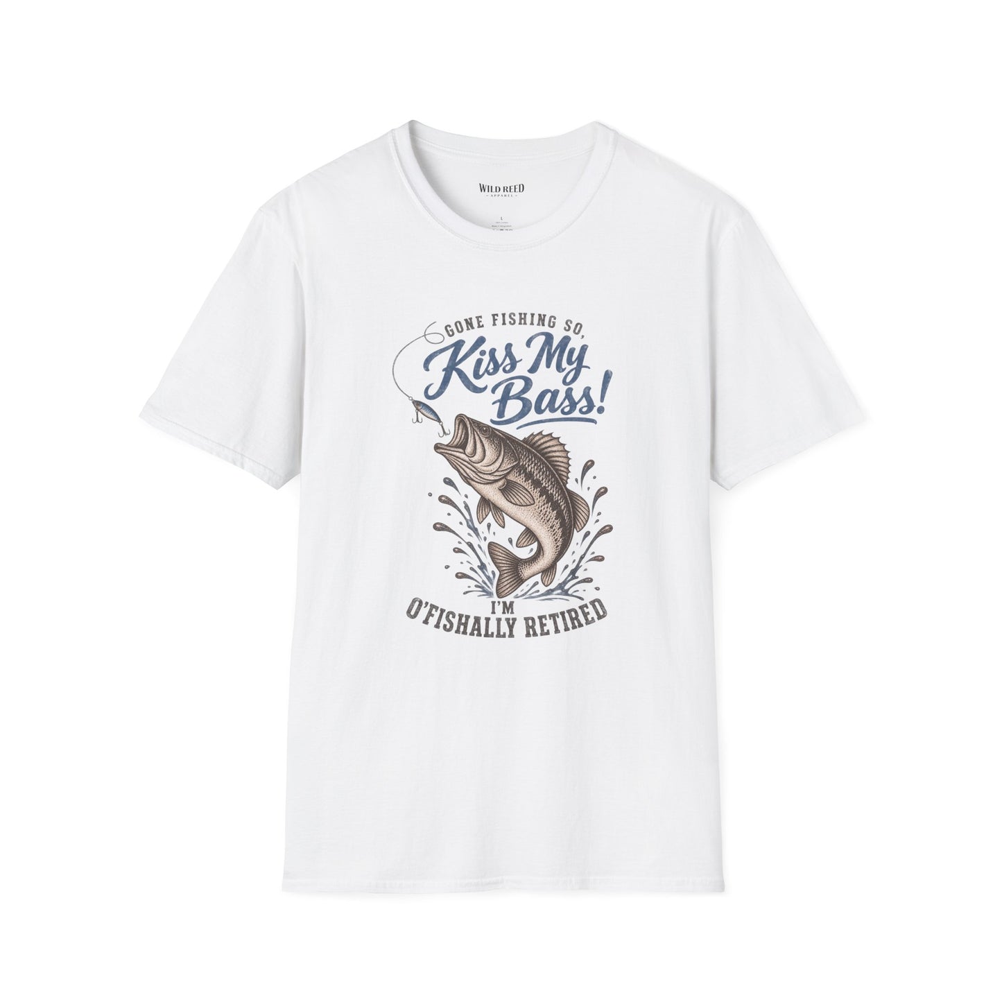 white graphic t-shirt with a blue and brown fish design and the text 'Gone Fishing So, Kiss My Bass! I'm O'Fishally Retired