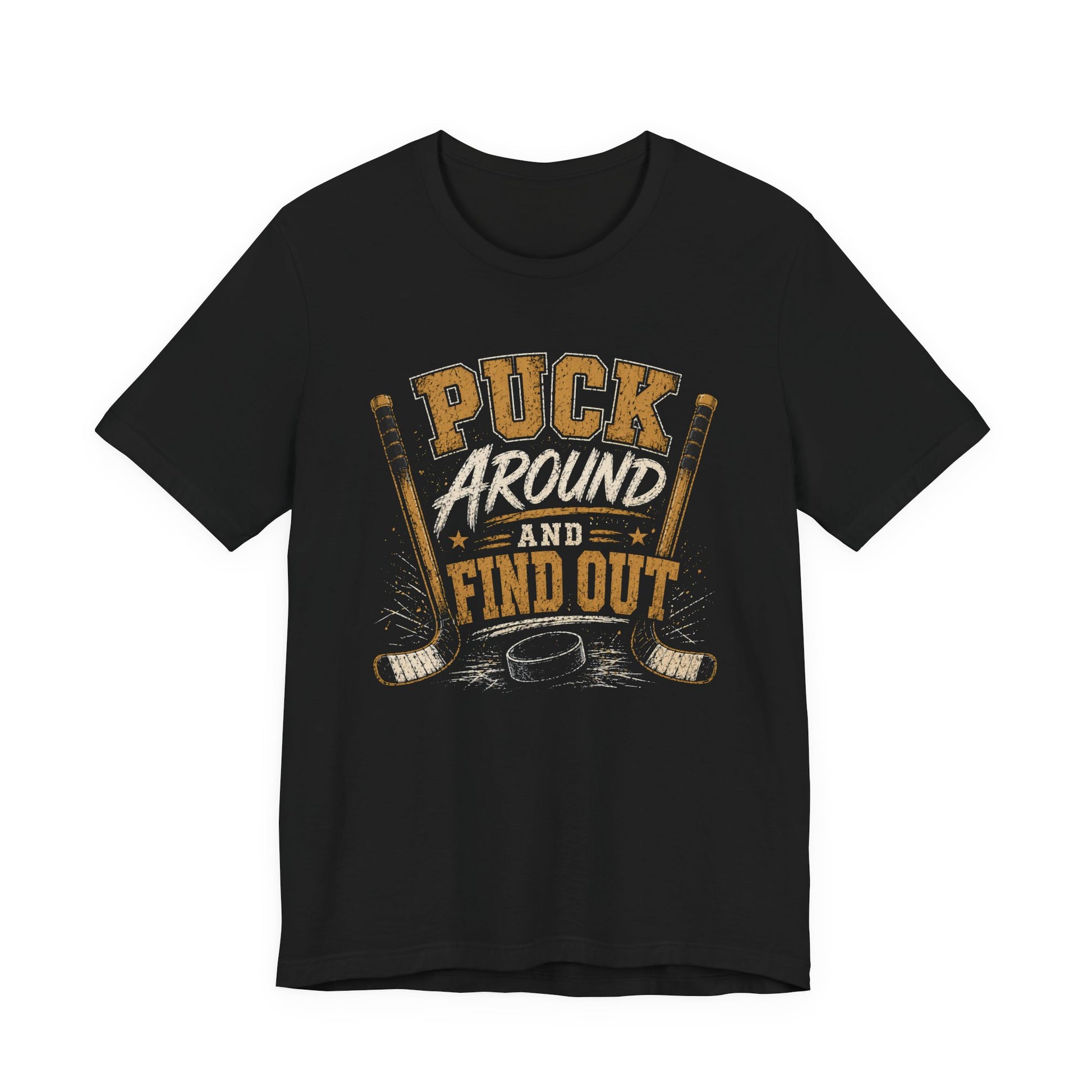 Puck Around and Find Out shirt funny hockey graphic tee in black
