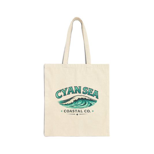 Cyan Sea Coastal Tote Bag • Beach & Everyday Canvas Carry • Wild Reed