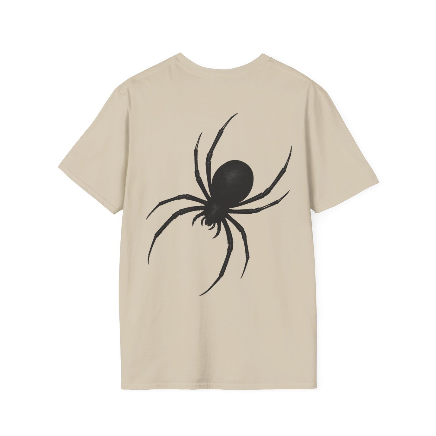 A beige short-sleeve t-shirt shown from the back, featuring a large black spider graphic printed on the center back.