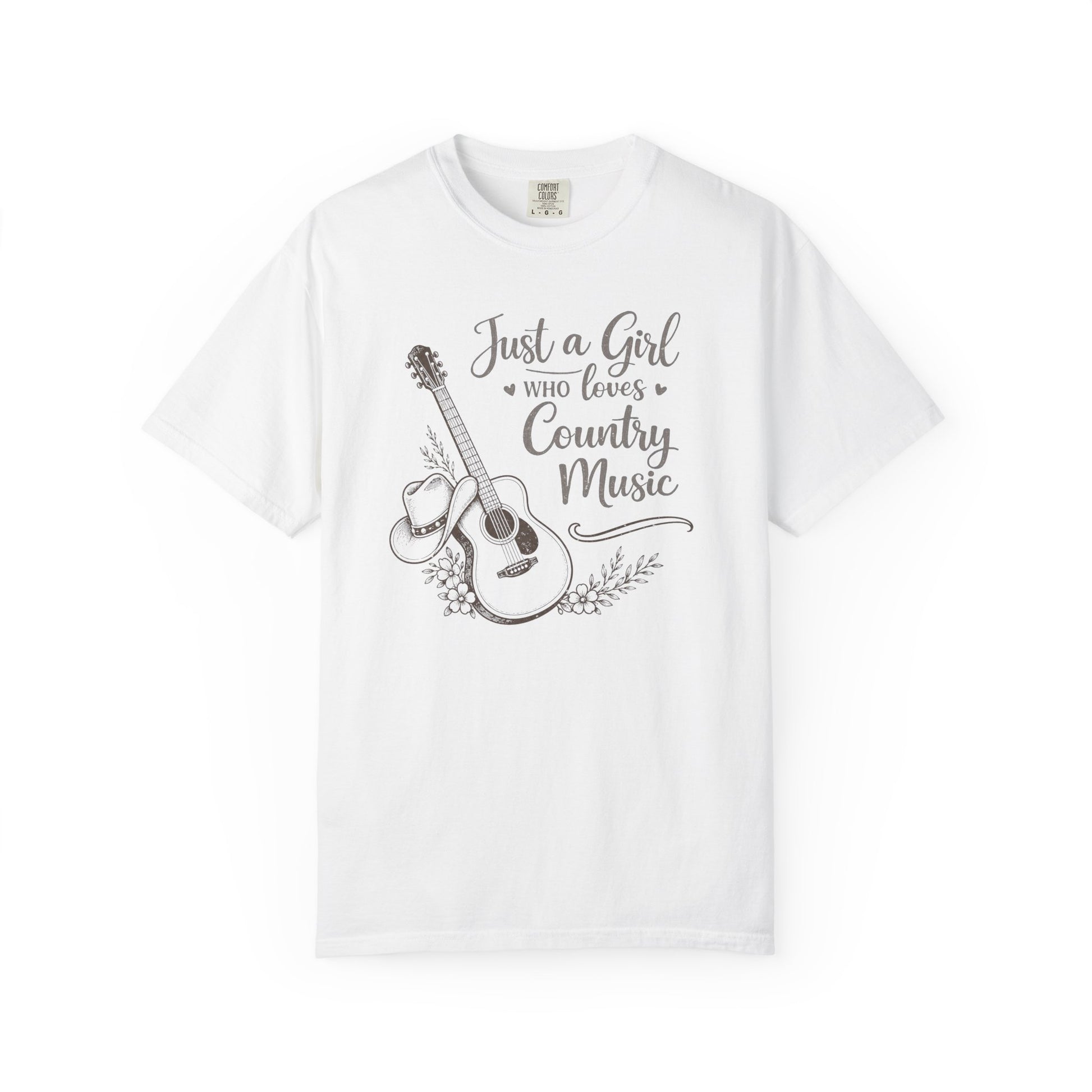 White t-shirt with a graphic of a guitar and text 'Just a Girl Who Loves Country Music' on a white background