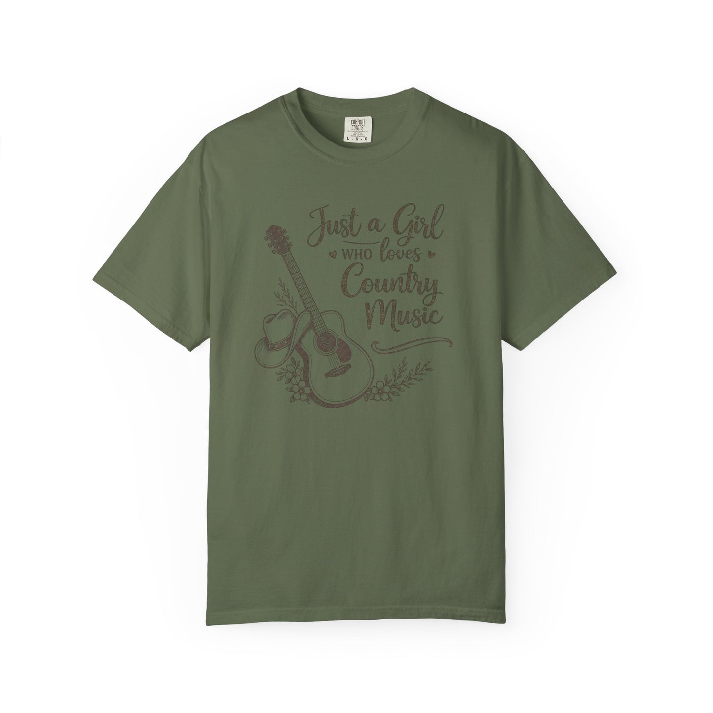 Green t-shirt with a graphic of a guitar and text 'Just a Girl Who Loves Country Music' on a white background