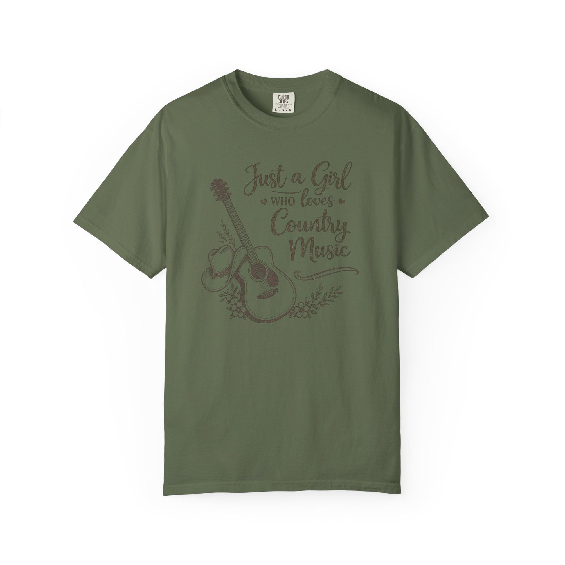 Green t-shirt with a graphic of a guitar and text 'Just a Girl Who Loves Country Music' on a white background
