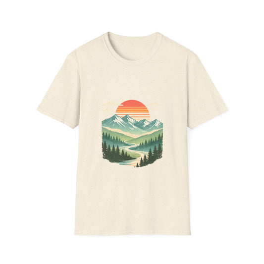 Retro Mountain Sunset Tee Front Print – Vintage Landscape Graphic | Heritage Vintage Collection
