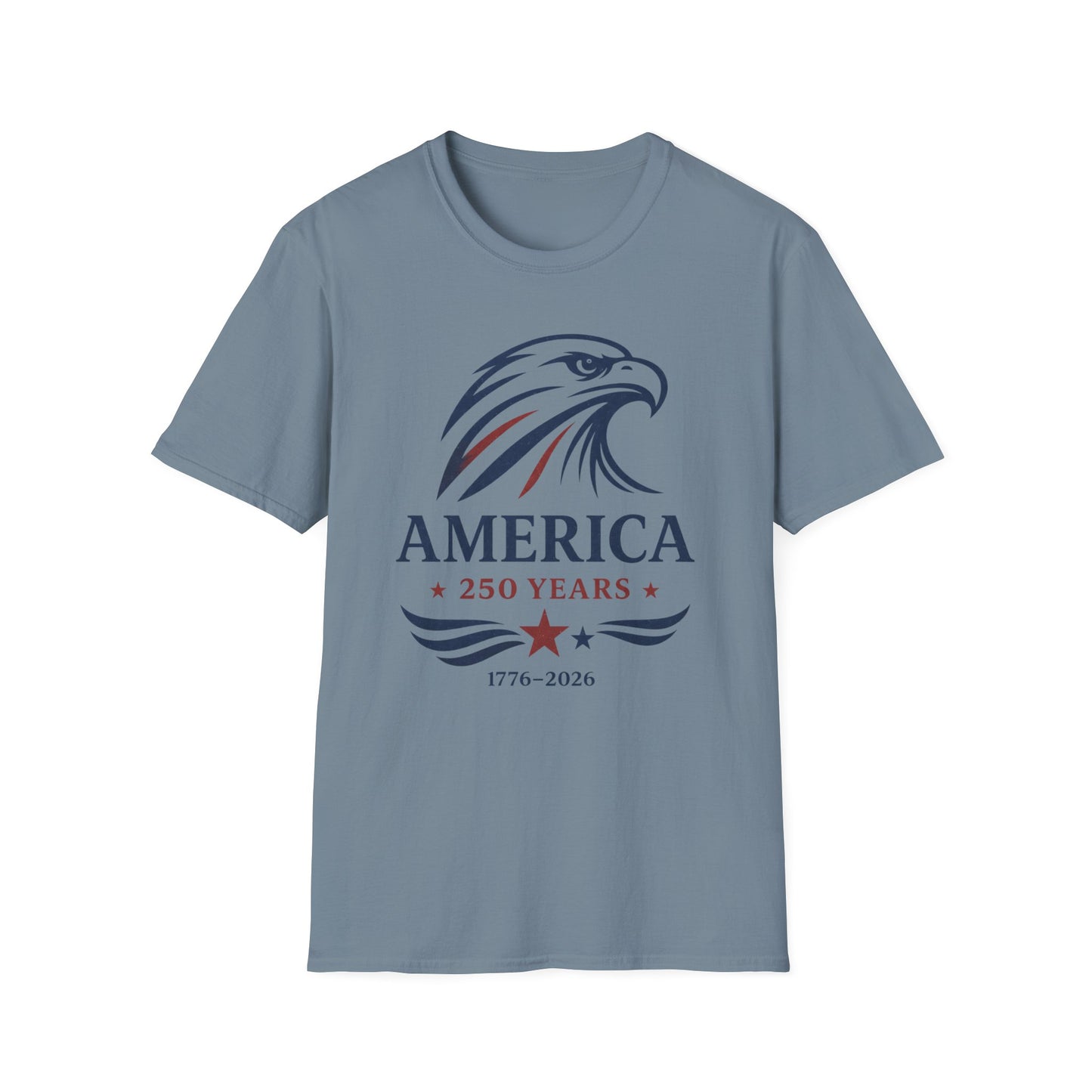 Vintage America 250 eagle graphic printed on a patriotic stone blue unisex t-shirt featuring a 1776-2026 commemorative design.