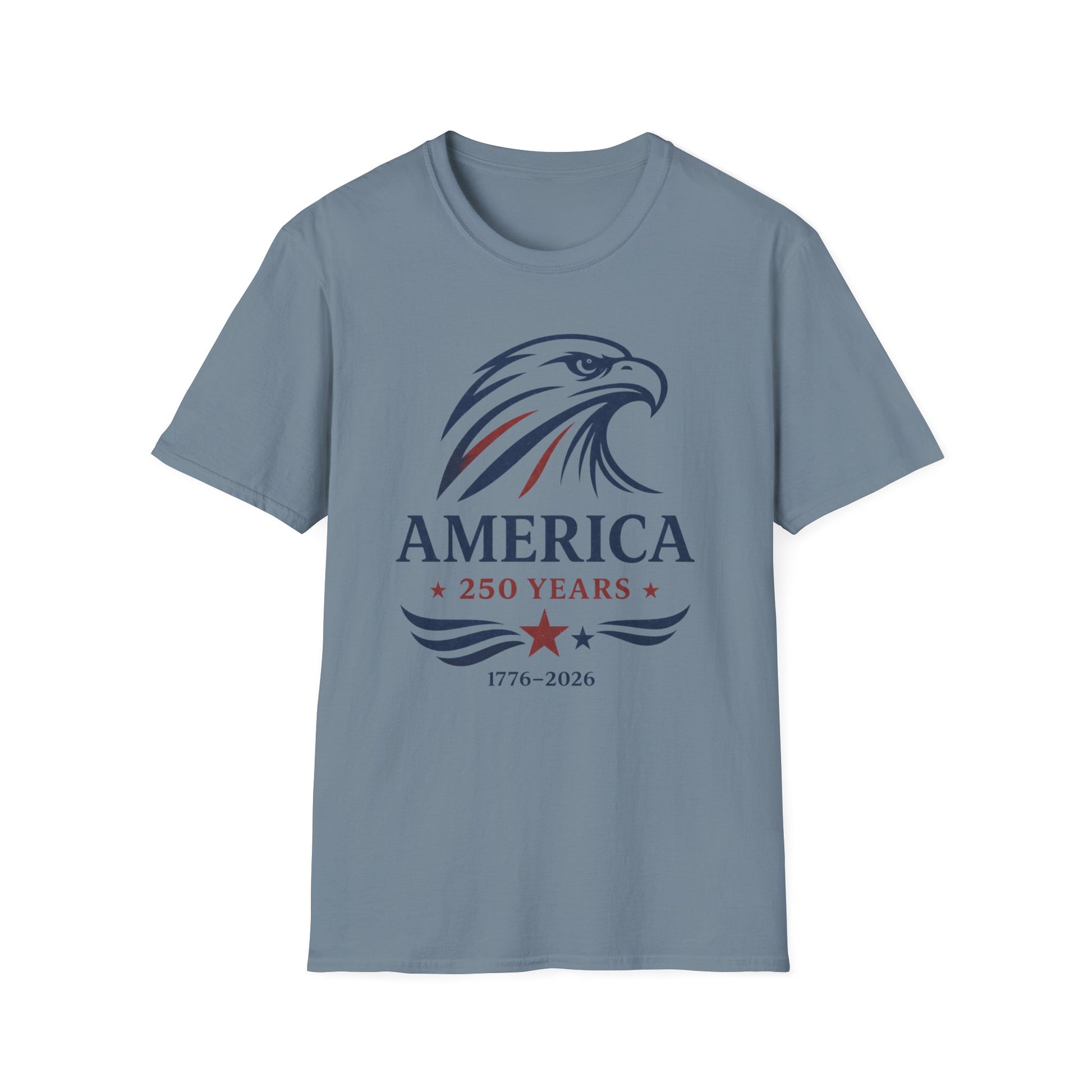 Vintage America 250 eagle graphic printed on a patriotic stone blue unisex t-shirt featuring a 1776-2026 commemorative design.