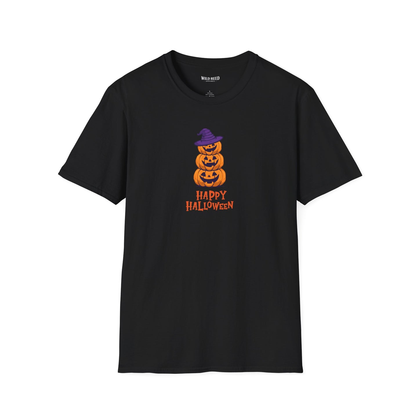 A black short-sleeve crewneck t-shirt featuring a graphic of three stacked orange jack-o'-lantern pumpkins wearing a purple witch hat, with 'HAPPY HALLOWEEN' printed below in orange.