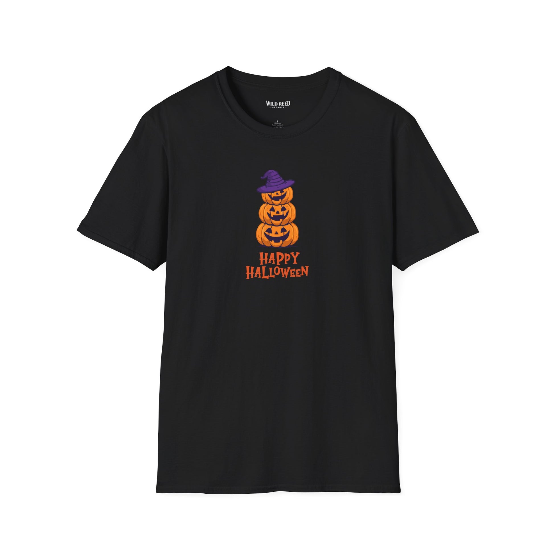 A black short-sleeve crewneck t-shirt featuring a graphic of three stacked orange jack-o'-lantern pumpkins wearing a purple witch hat, with 'HAPPY HALLOWEEN' printed below in orange.