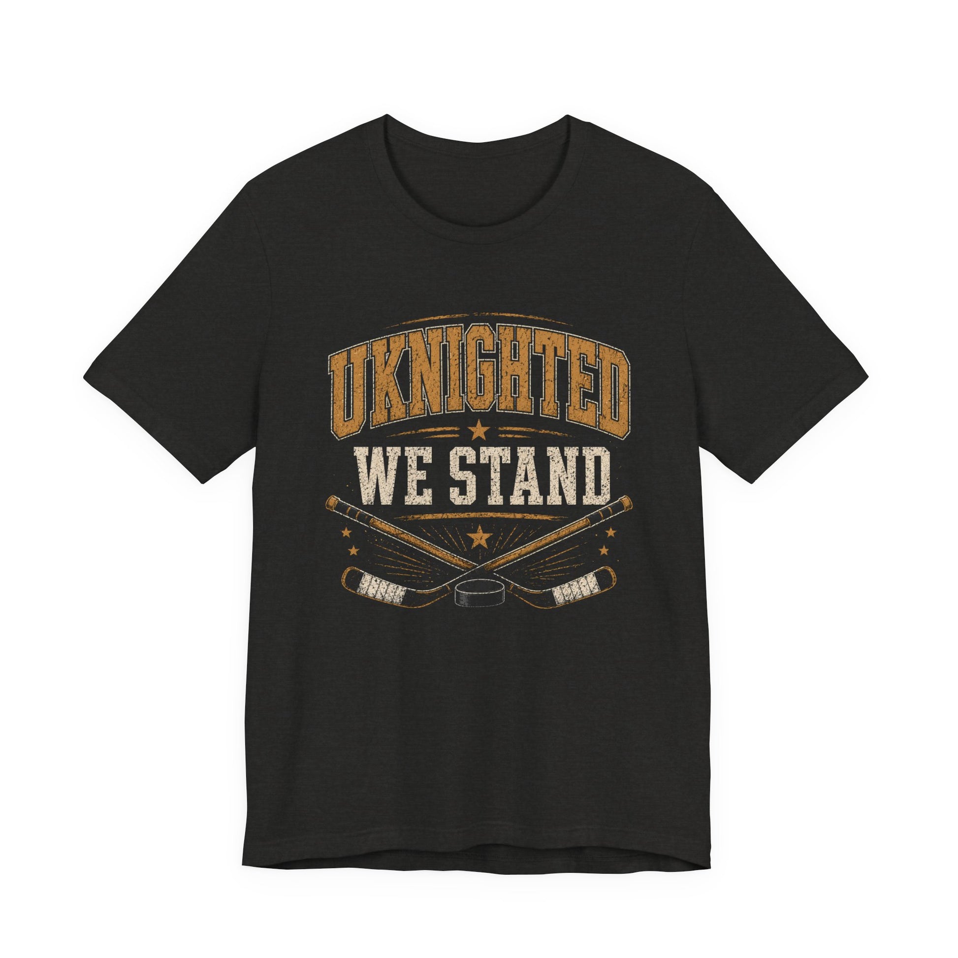 Black t-shirt with 'UKNIGHTED WE STAND' text and crossed hockey sticks on a white background