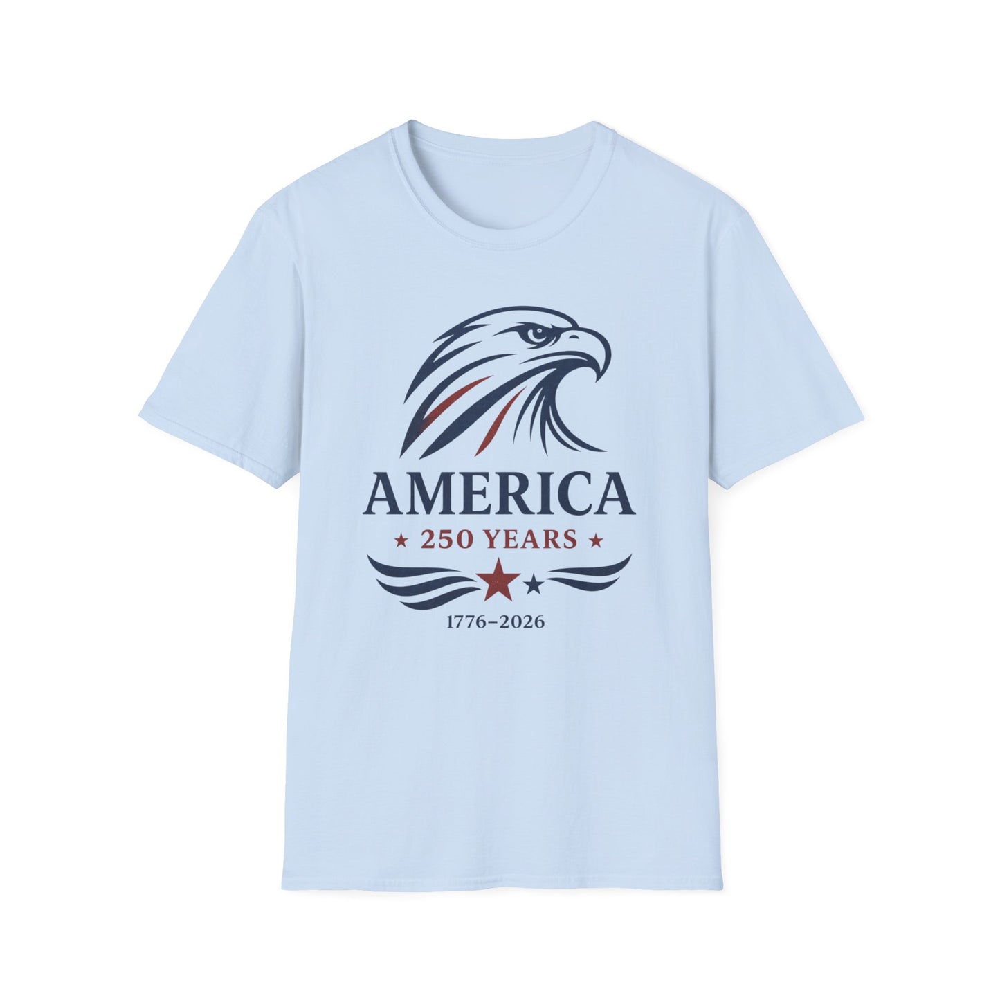 Vintage America 250 eagle graphic printed on a patriotic light blue unisex t-shirt featuring a 1776-2026 commemorative design.