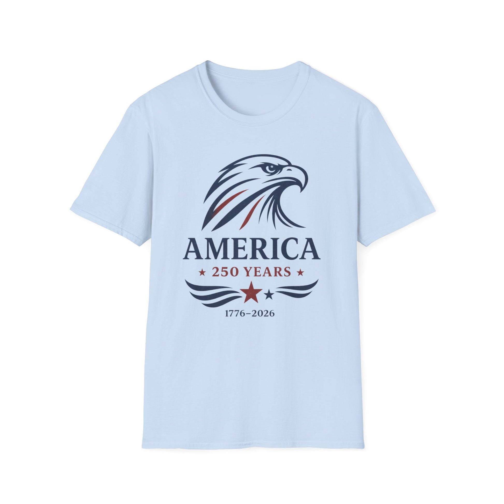 Vintage America 250 eagle graphic printed on a patriotic light blue unisex t-shirt featuring a 1776-2026 commemorative design.