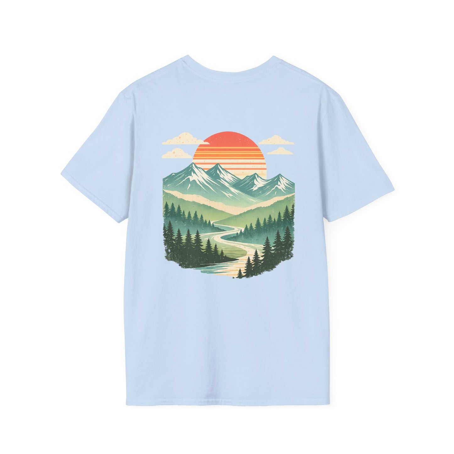 Retro Mountain Sunset Back Print T-Shirt | Vintage Outdoor Landscape Graphic Tee | Heritage Vintage Collection