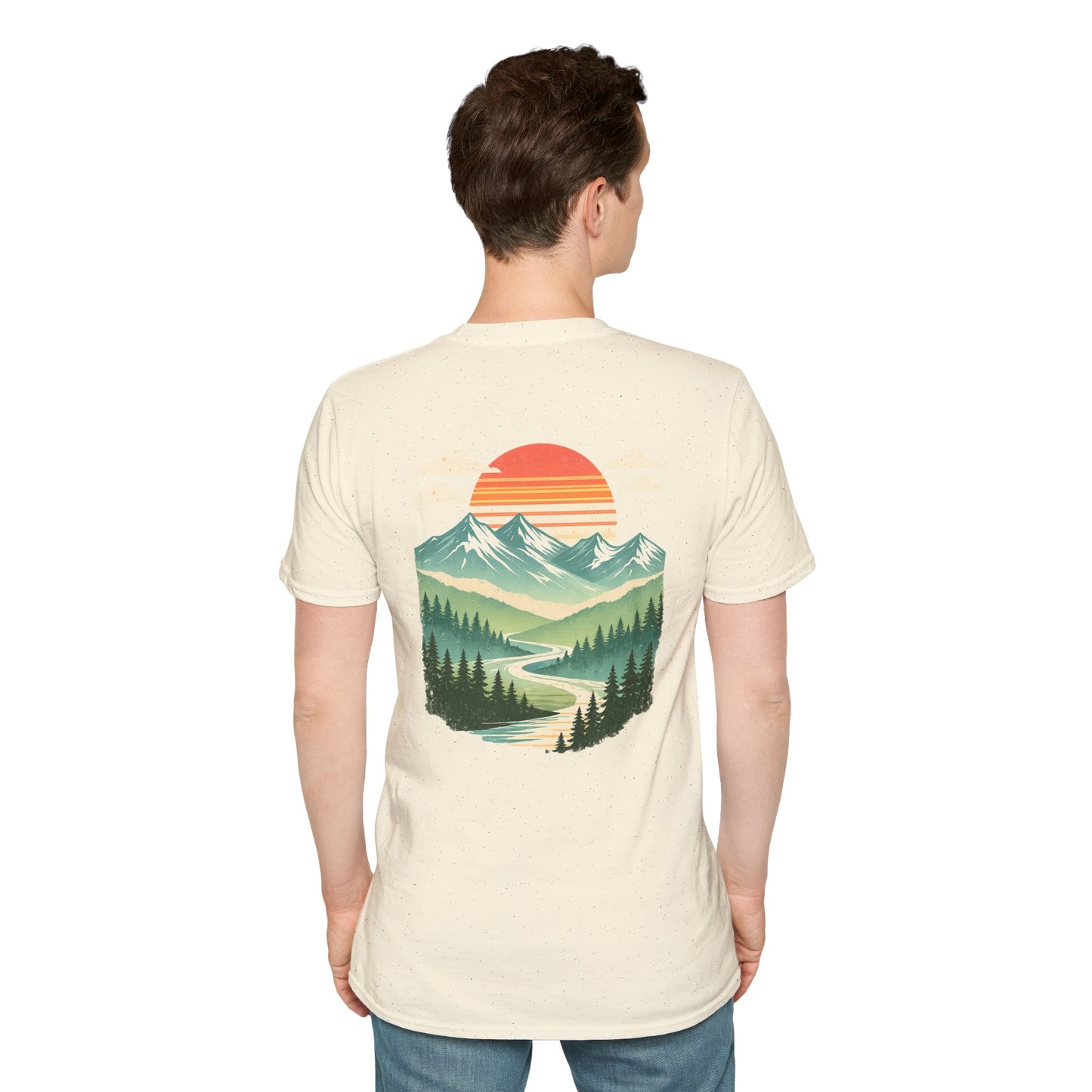 Retro Mountain Sunset Back Print T-Shirt | Vintage Outdoor Landscape Graphic Tee | Heritage Vintage Collection