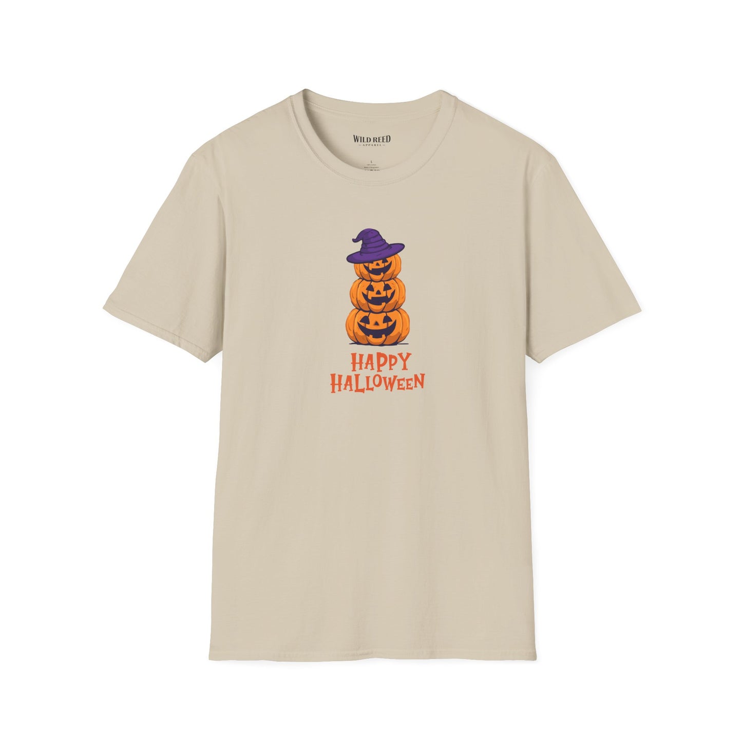A beige crewneck t-shirt featuring a graphic of three stacked jack-o'-lanterns wearing a purple witch hat with 'HAPPY HALLOWEEN' printed below in orange, displayed on a clean white background.